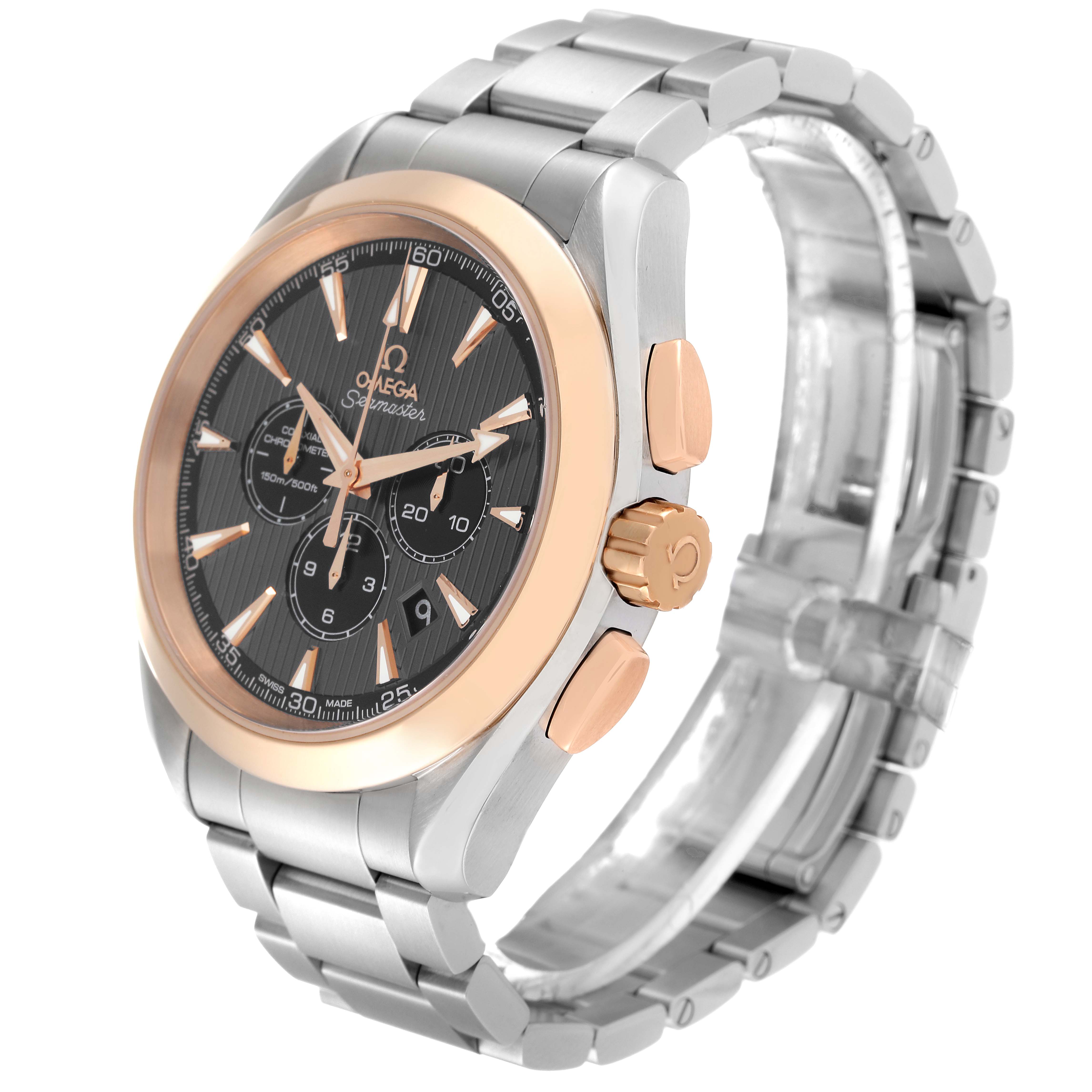 The image shows a side perspective of the Omega Aqua Terra 231.23.44.50.06.001 Men
s Stainless Steel Grey Dial 231.23.44.50.06.001 Men
s Stainless Steel Grey Dial watch, highlighting its stainless steel and gold case, bracelet, and crown.