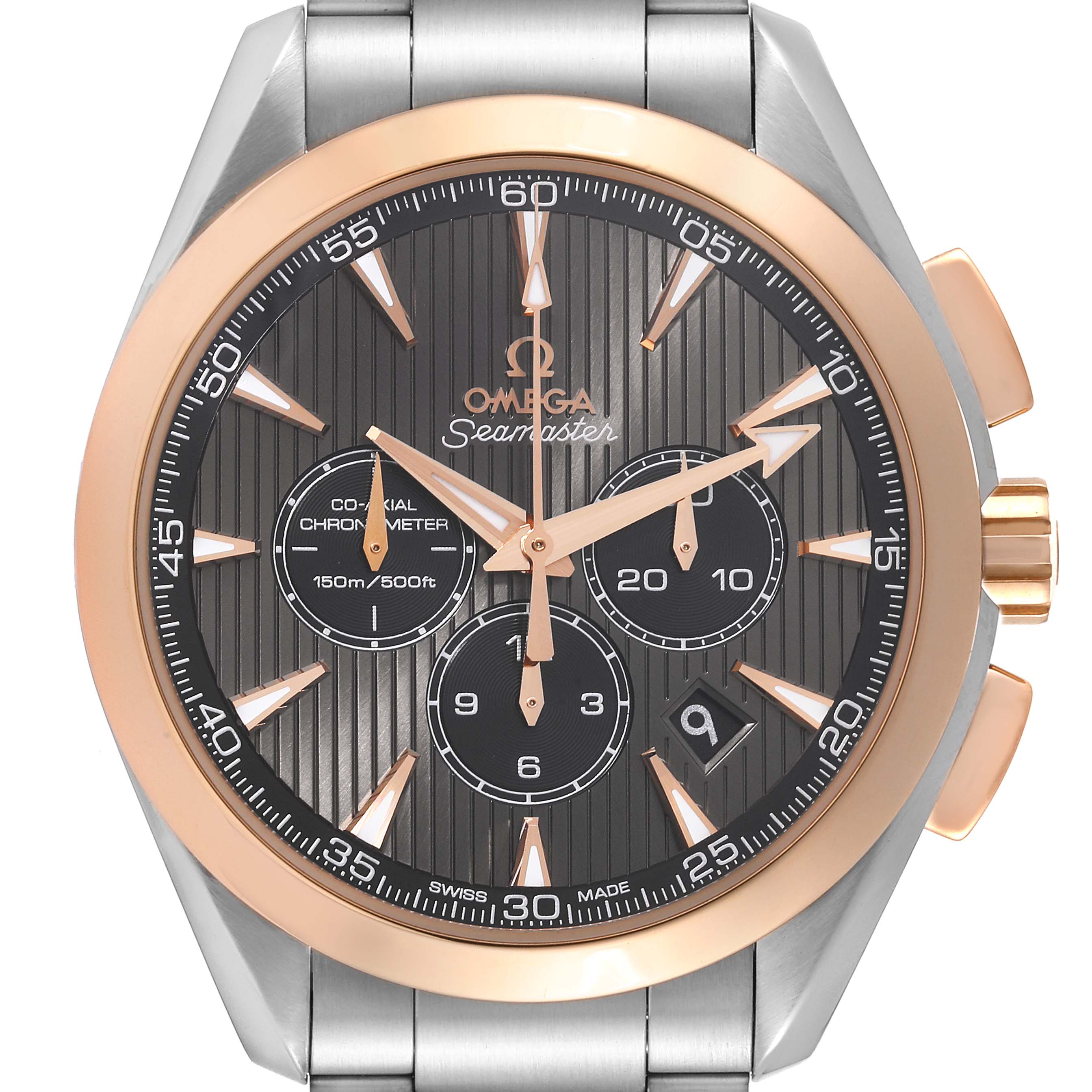 The image shows the face of the Omega Aqua Terra 231.23.44.50.06.001 Men
s Stainless Steel Grey Dial 231.23.44.50.06.001 Men
s Stainless Steel Grey Dial Seamaster watch, highlighting its dial, hands, chronograph subdials, and crown.