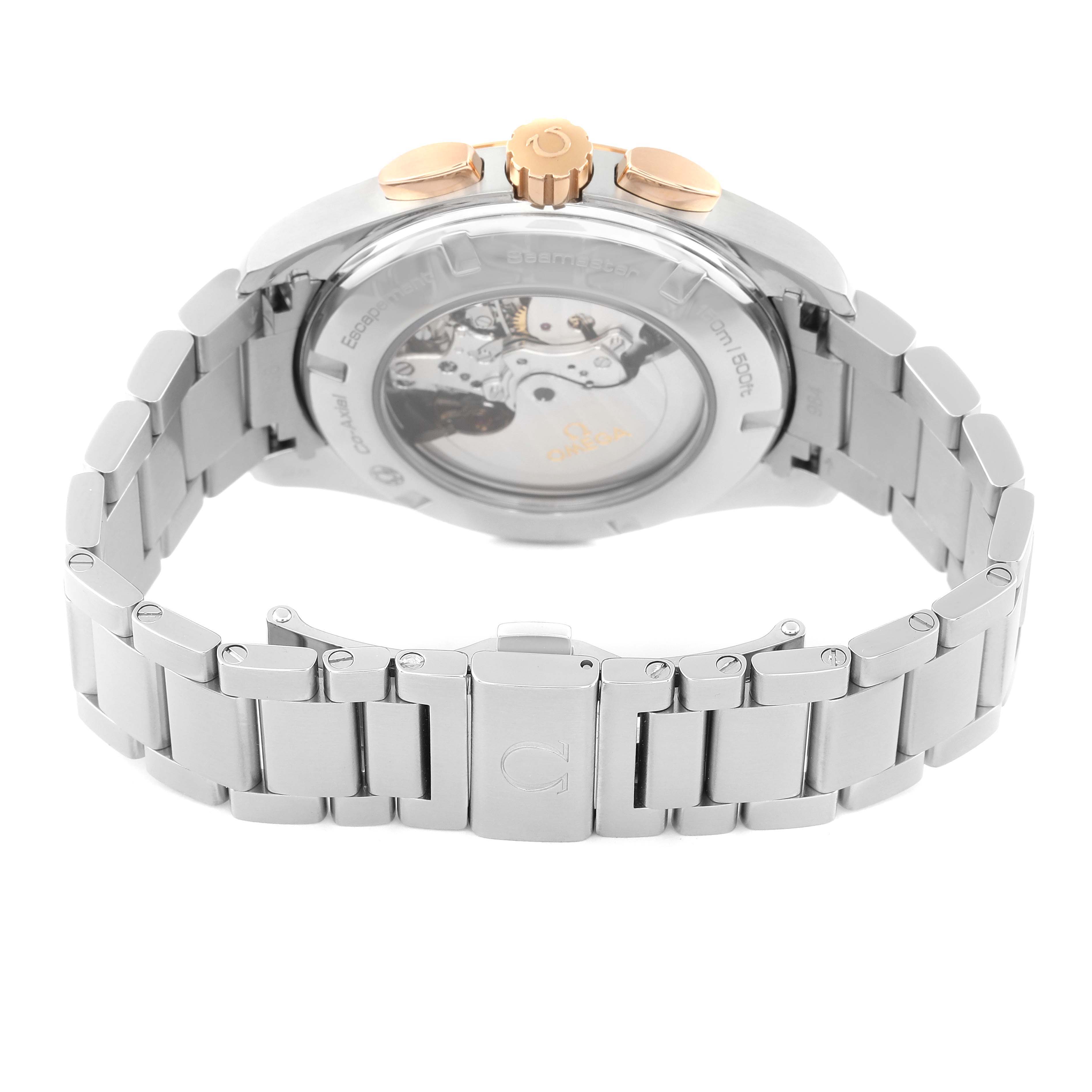 The image shows the back view of an Omega Aqua Terra 231.23.44.50.06.001 Men
s Stainless Steel Grey Dial 231.23.44.50.06.001 Men
s Stainless Steel Grey Dial watch, including the case back with its transparent window and a metal bracelet.