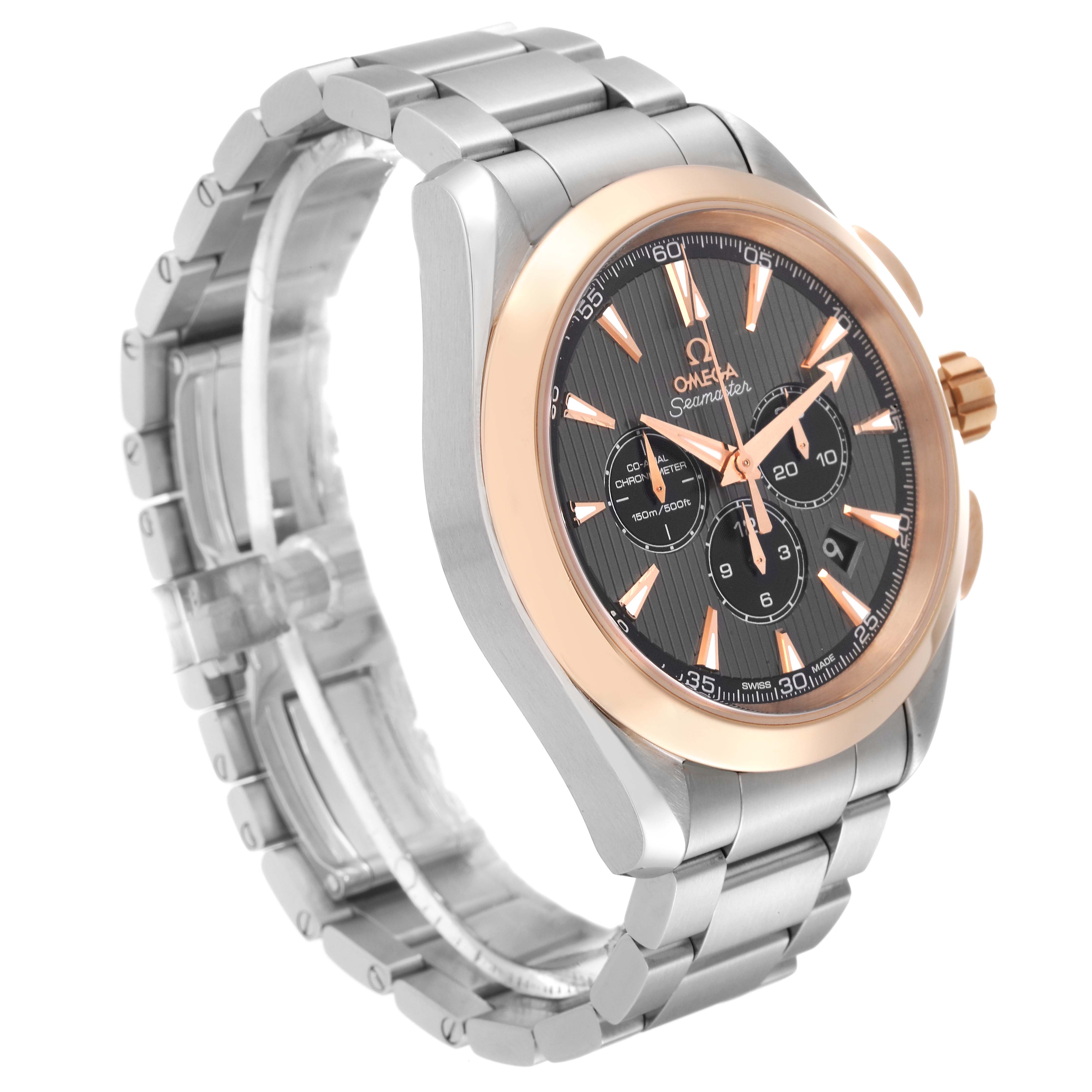 The Omega Aqua Terra 231.23.44.50.06.001 Men
s Stainless Steel Grey Dial 231.23.44.50.06.001 Men
s Stainless Steel Grey Dial watch is shown from an angled side view, highlighting the case, bracelet, and face with its chronograph sub-dials.