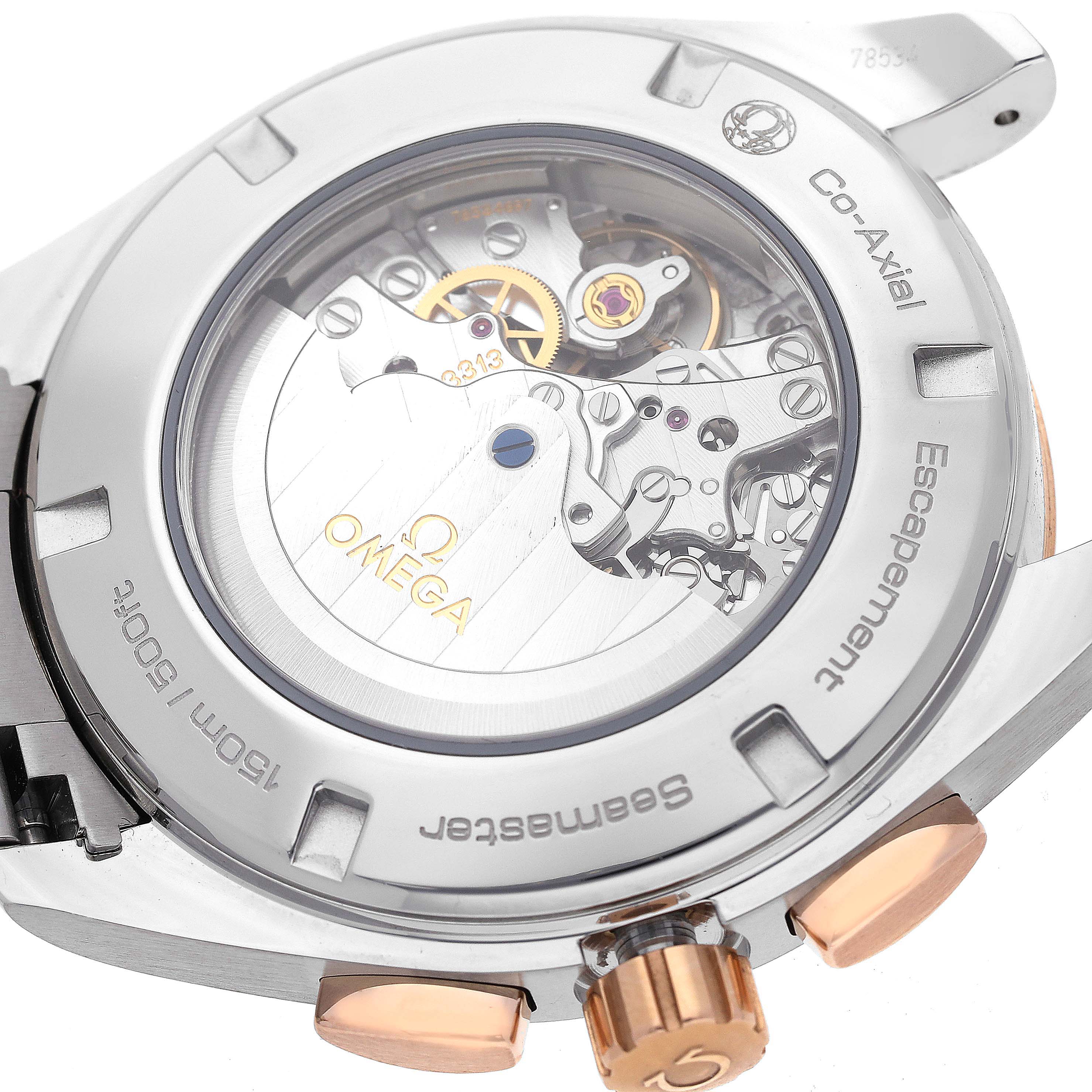 This image shows the back case of an Omega Aqua Terra 231.23.44.50.06.001 Men
s Stainless Steel Grey Dial 231.23.44.50.06.001 Men
s Stainless Steel Grey Dial watch, highlighting the Co-Axial escapement and internal movement.