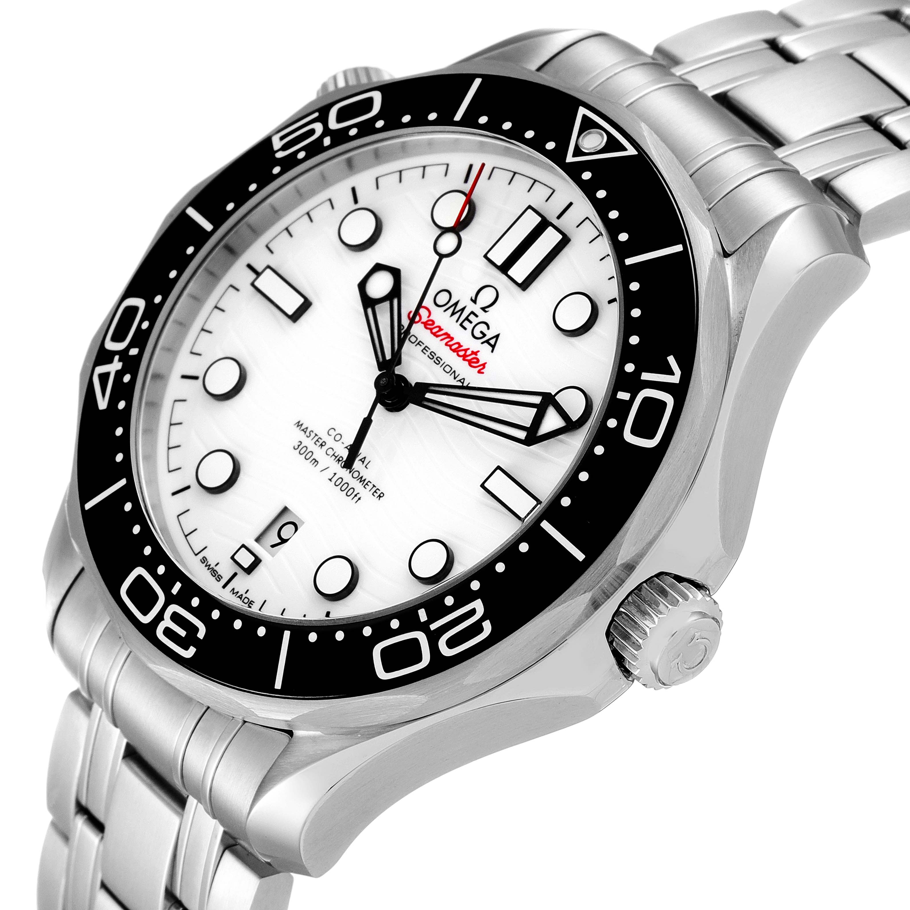 The image shows a detailed angle of the Omega Seamaster 210.30.42.20.04.001 Men's Stainless Steel White Dial 210.30.42.20.04.001 Men's Stainless Steel White Dial watch, highlighting the bezel, dial, crown, and bracelet.
