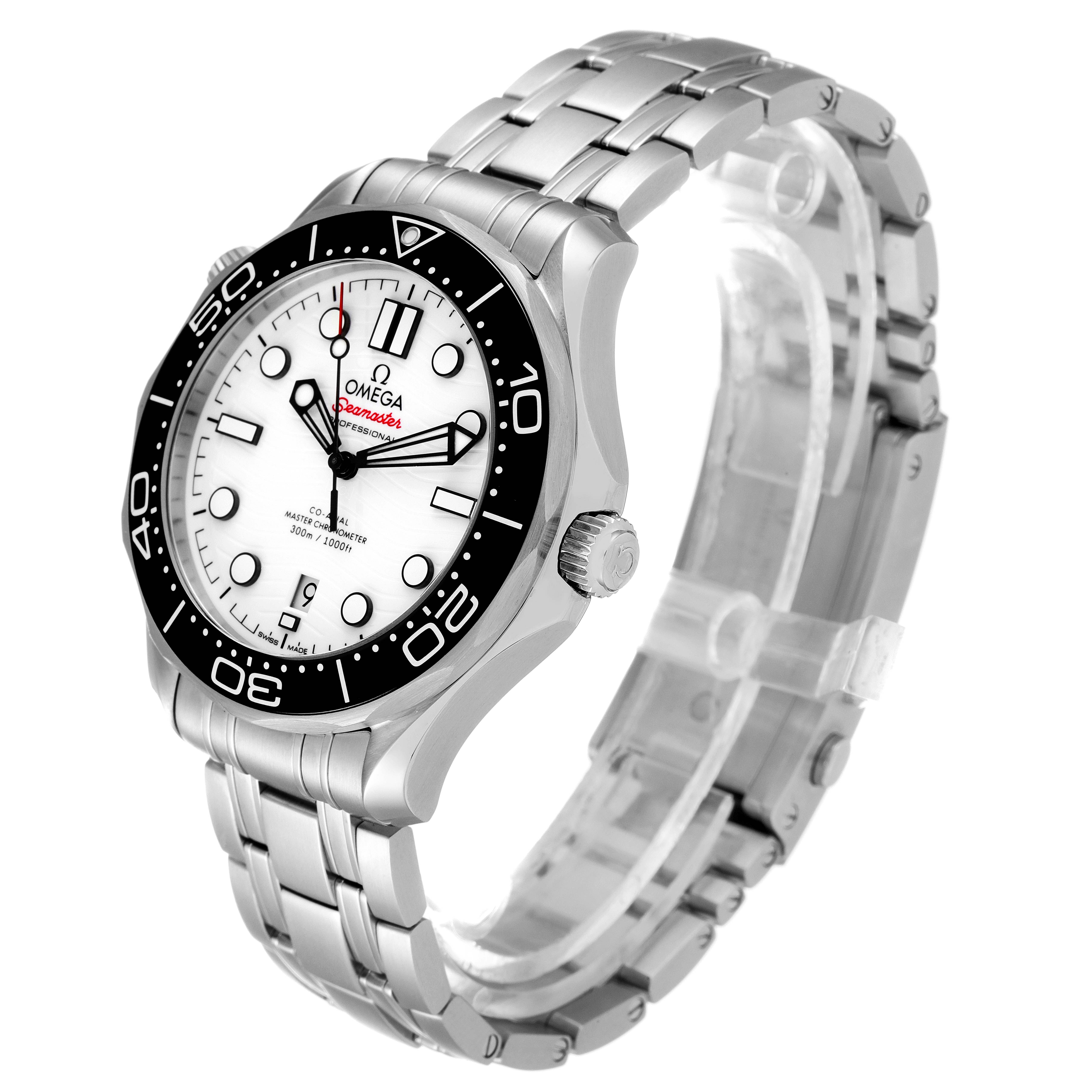 The Omega Seamaster 210.30.42.20.04.001 Men's Stainless Steel White Dial 210.30.42.20.04.001 Men's Stainless Steel White Dial watch is shown at a three-quarter angle highlighting the dial, bezel, crown, and bracelet.