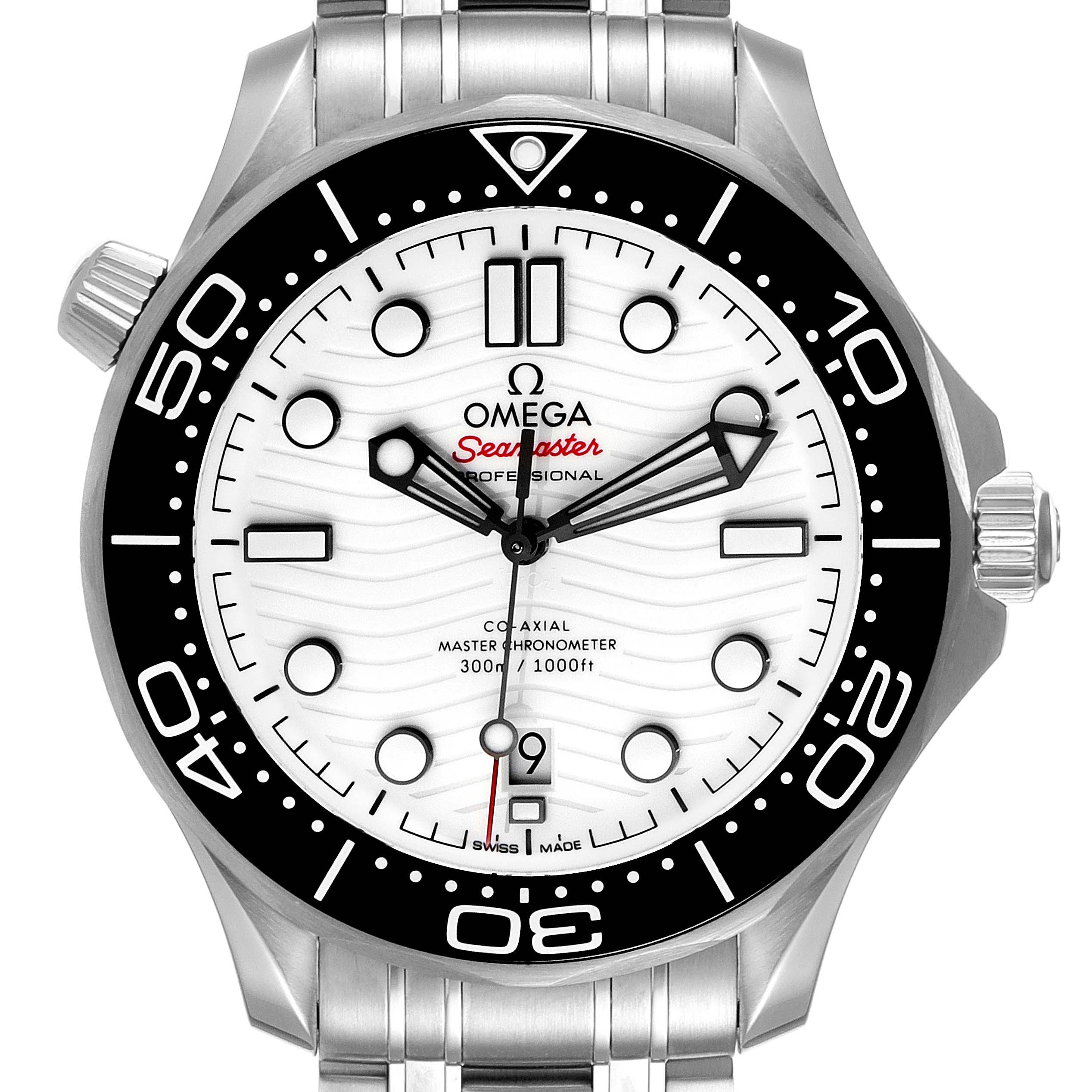 The image shows a front view of an Omega Seamaster 210.30.42.20.04.001 Men's Stainless Steel White Dial 210.30.42.20.04.001 Men's Stainless Steel White Dial watch, highlighting its dial, bezel, and crown.