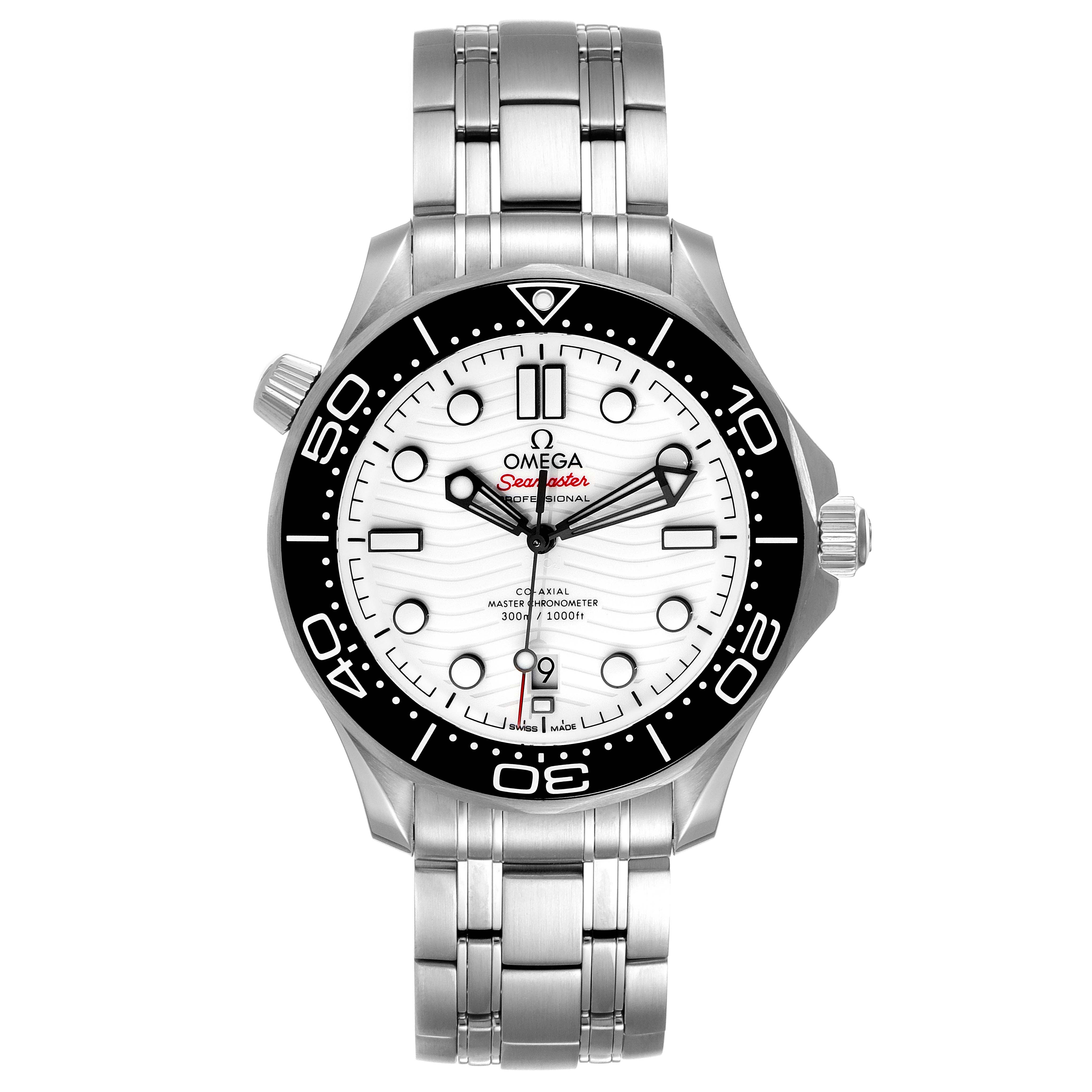 The image shows a front view of an Omega Seamaster 210.30.42.20.04.001 Men's Stainless Steel White Dial 210.30.42.20.04.001 Men's Stainless Steel White Dial watch, displaying the dial, bezel, bracelet, and crown.