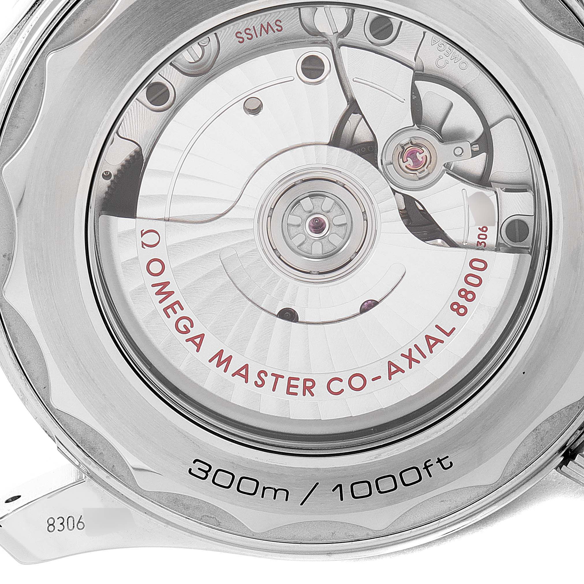 The image shows a close-up of the Omega Seamaster 210.30.42.20.04.001 Men's Stainless Steel White Dial 210.30.42.20.04.001 Men's Stainless Steel White Dial's transparent case back, highlighting its coaxial 8800 movement.