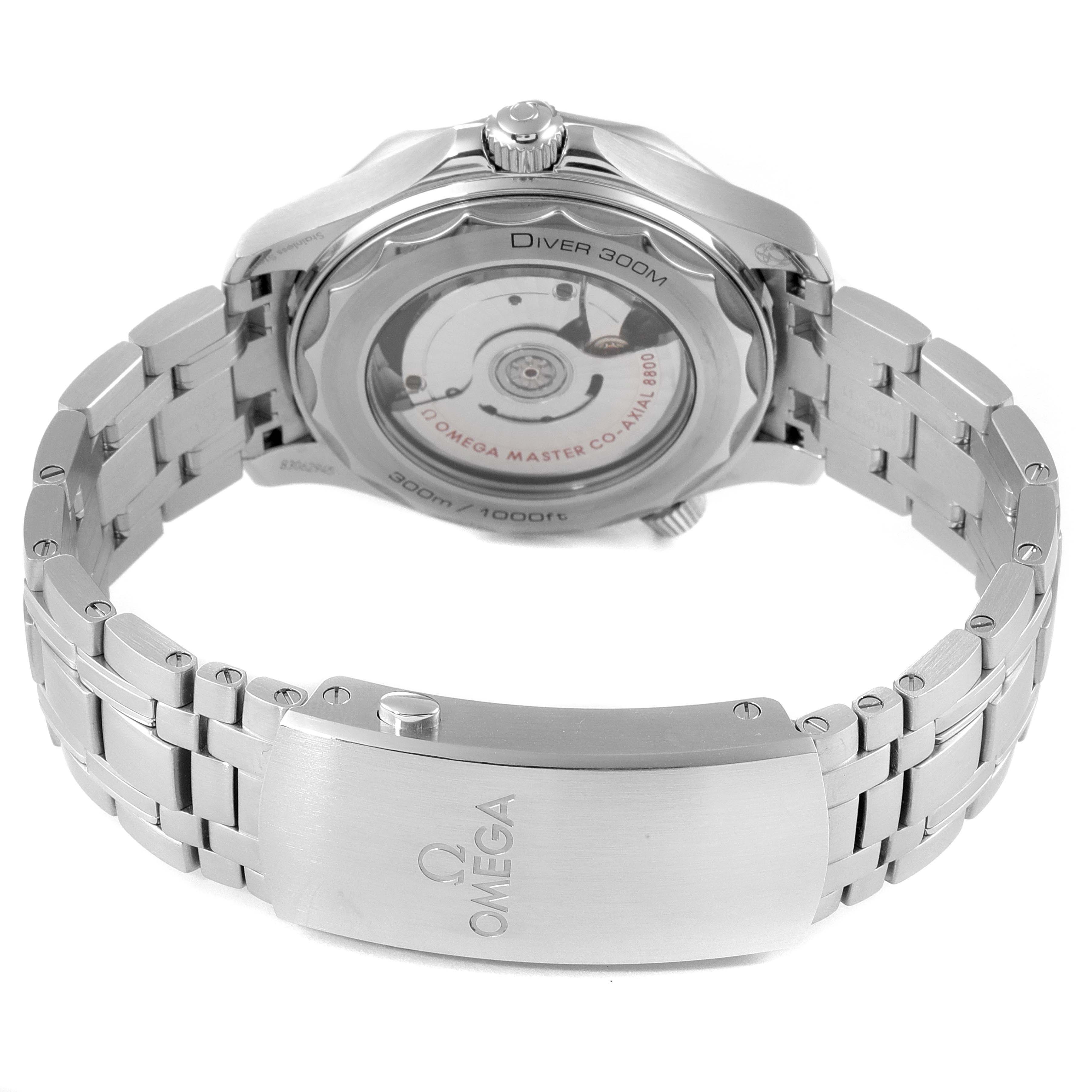 The image shows the back view of an Omega Seamaster 210.30.42.20.04.001 Men's Stainless Steel White Dial 210.30.42.20.04.001 Men's Stainless Steel White Dial watch, highlighting the case back and stainless steel bracelet.