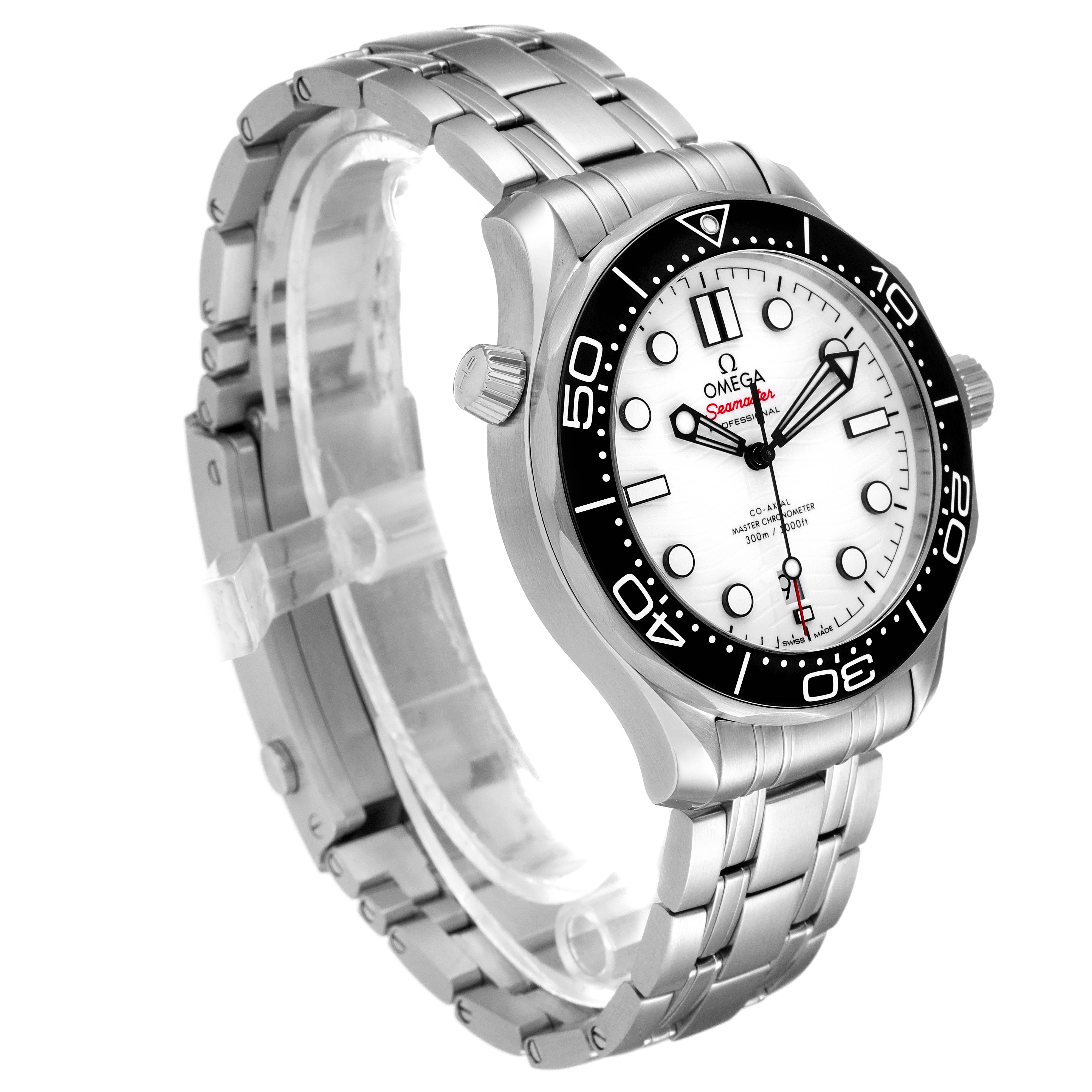 The Omega Seamaster 210.30.42.20.04.001 Men's Stainless Steel White Dial 210.30.42.20.04.001 Men's Stainless Steel White Dial watch is shown at a three-quarter angle, displaying its face, bezel, crown, and stainless steel bracelet.