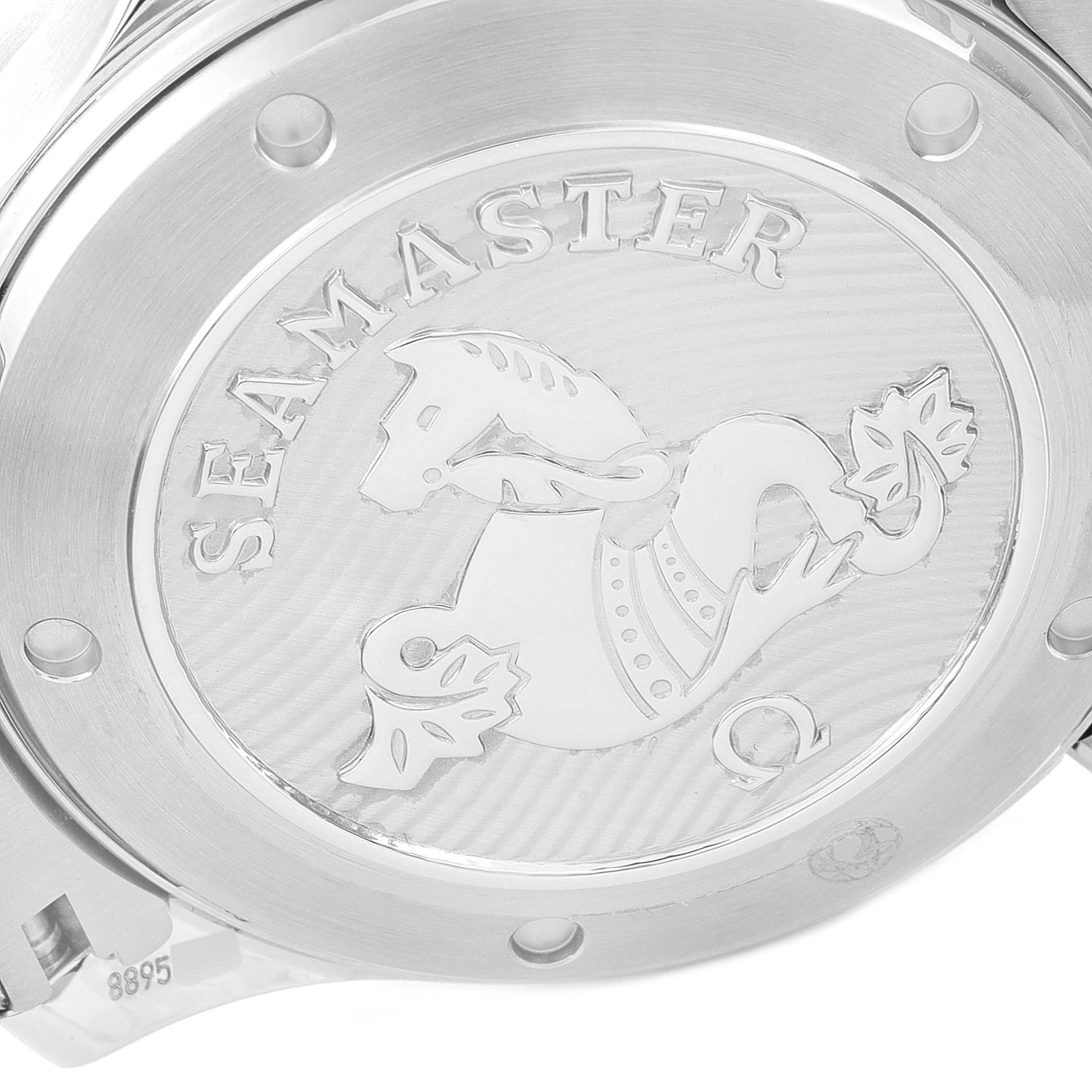 This is a close-up shot of the case back of an Omega Seamaster 212.30.41.20.01.003 Men's Stainless Steel Black Dial 212.30.41.20.01.003 Men's Stainless Steel Black Dial watch, showing the Seamaster engraving and logo.