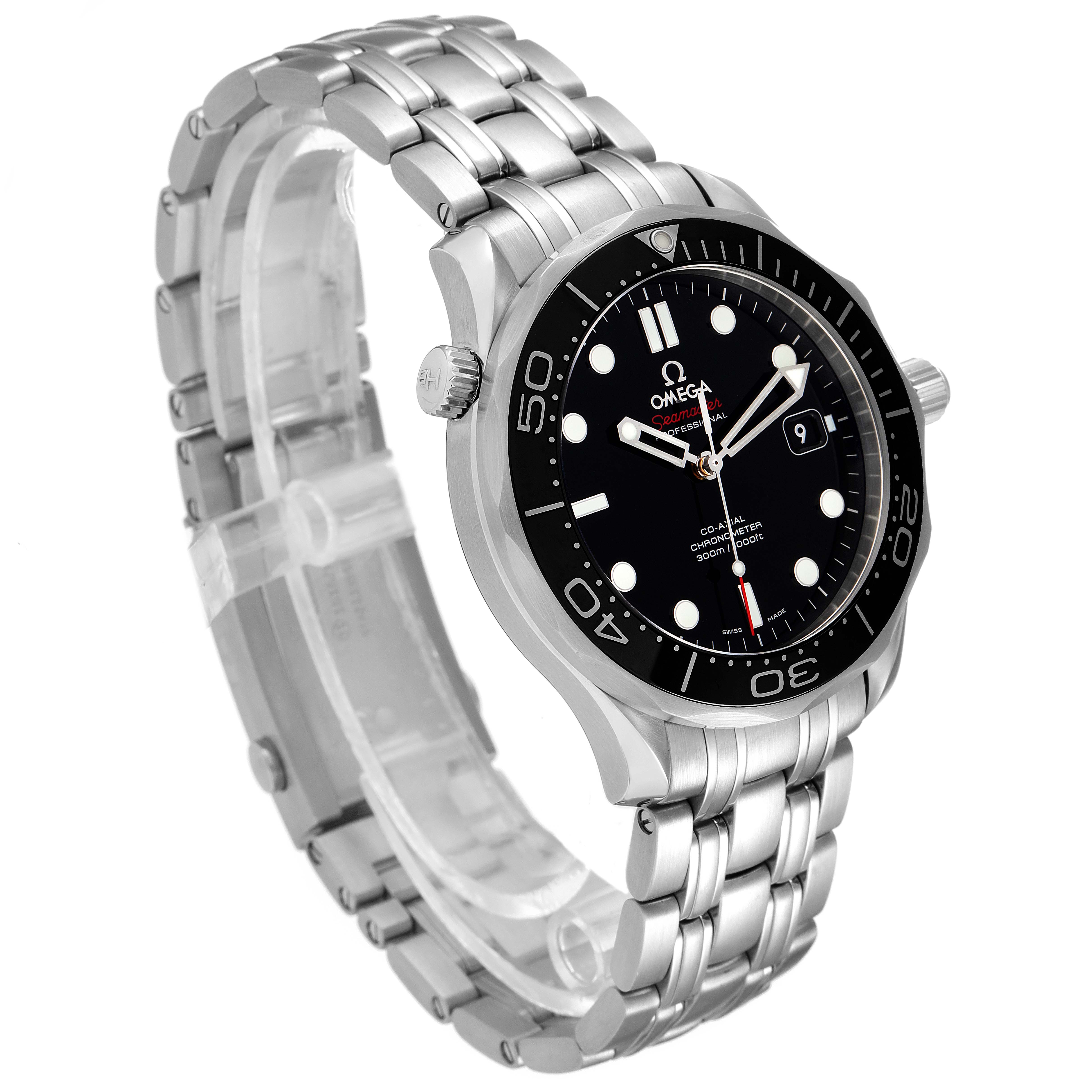 The Omega Seamaster 212.30.41.20.01.003 Men's Stainless Steel Black Dial 212.30.41.20.01.003 Men's Stainless Steel Black Dial watch is shown at a slight angle, displaying the face, bezel, crown, and stainless steel bracelet.