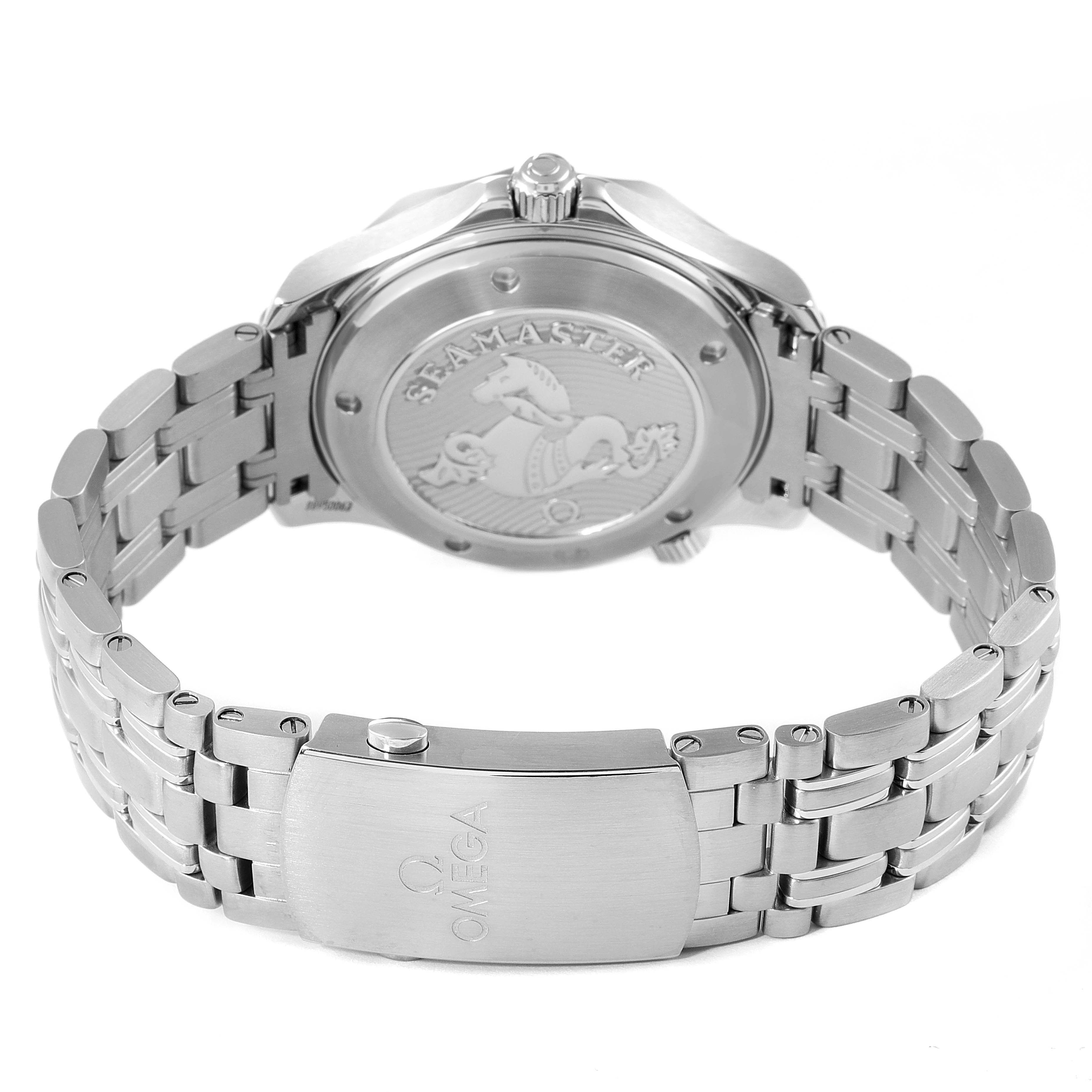This image shows the back case and bracelet of an Omega Seamaster 212.30.41.20.01.003 Men's Stainless Steel Black Dial 212.30.41.20.01.003 Men's Stainless Steel Black Dial watch, highlighting the clasp and engraved back cover.