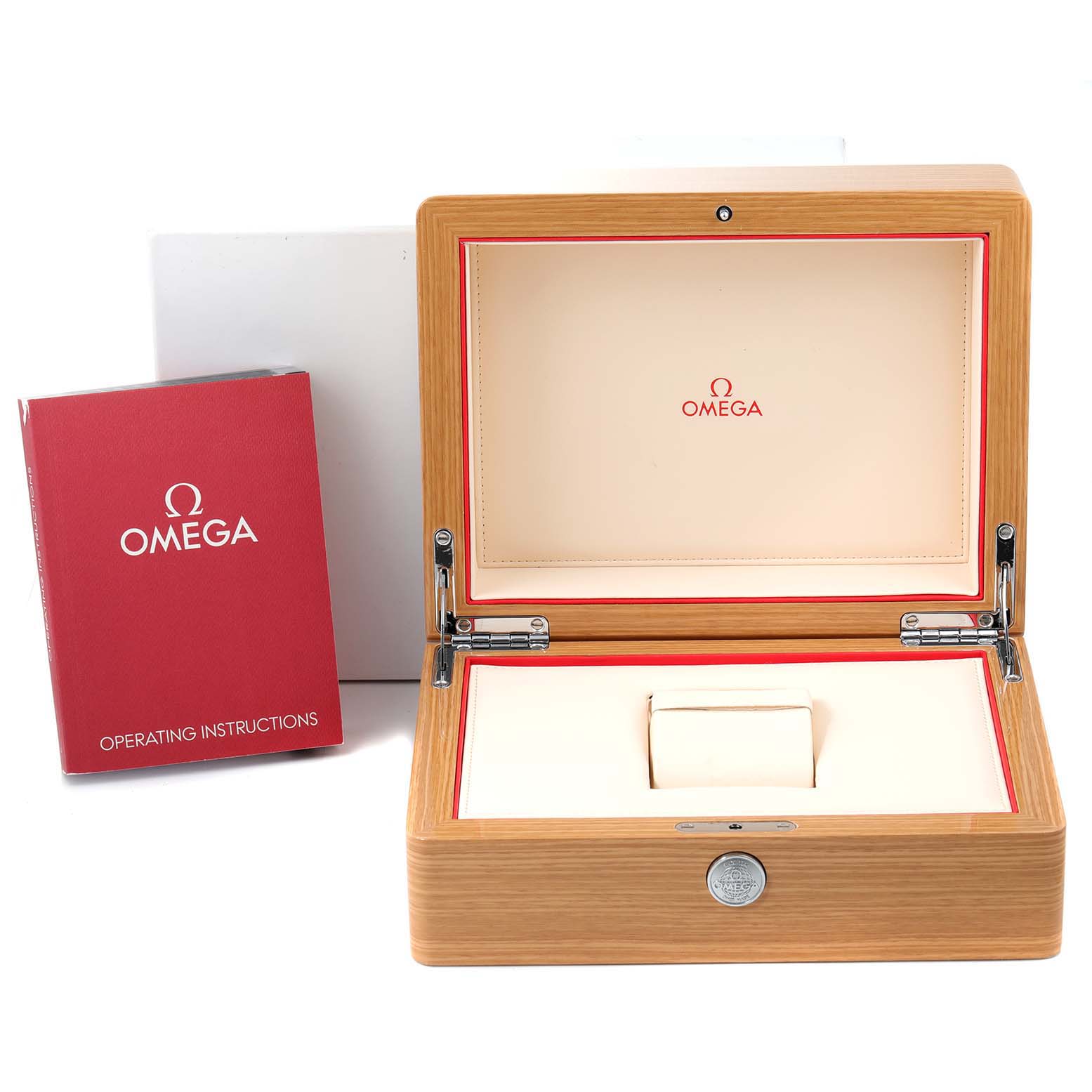 This image shows the open presentation box and the operating instructions for the Omega Seamaster 212.30.41.20.01.003 Men's Stainless Steel Black Dial 212.30.41.20.01.003 Men's Stainless Steel Black Dial watch.