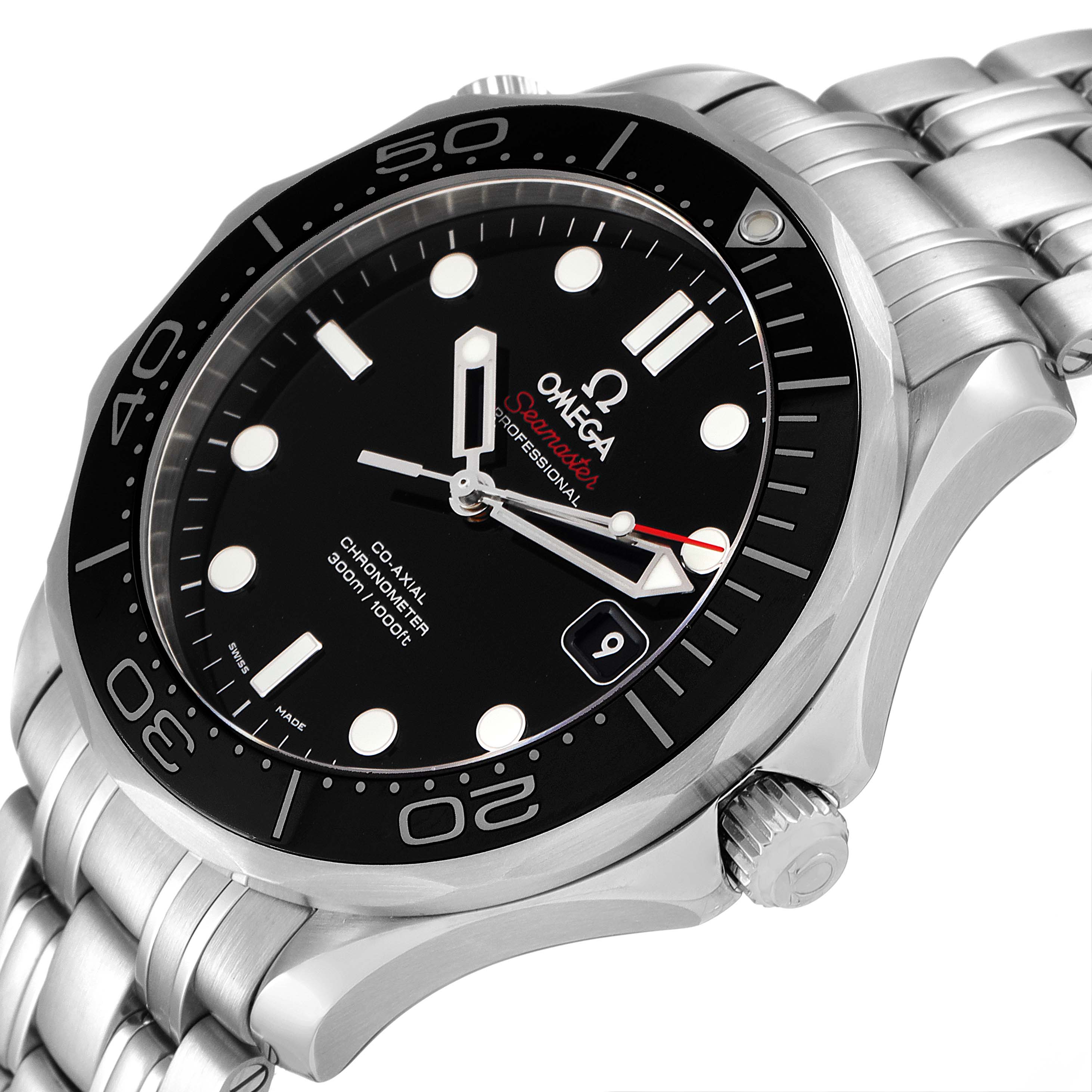 This image shows an angled close-up of the Omega Seamaster 212.30.41.20.01.003 Men's Stainless Steel Black Dial 212.30.41.20.01.003 Men's Stainless Steel Black Dial watch, highlighting the dial, bezel, crown, and part of the bracelet.