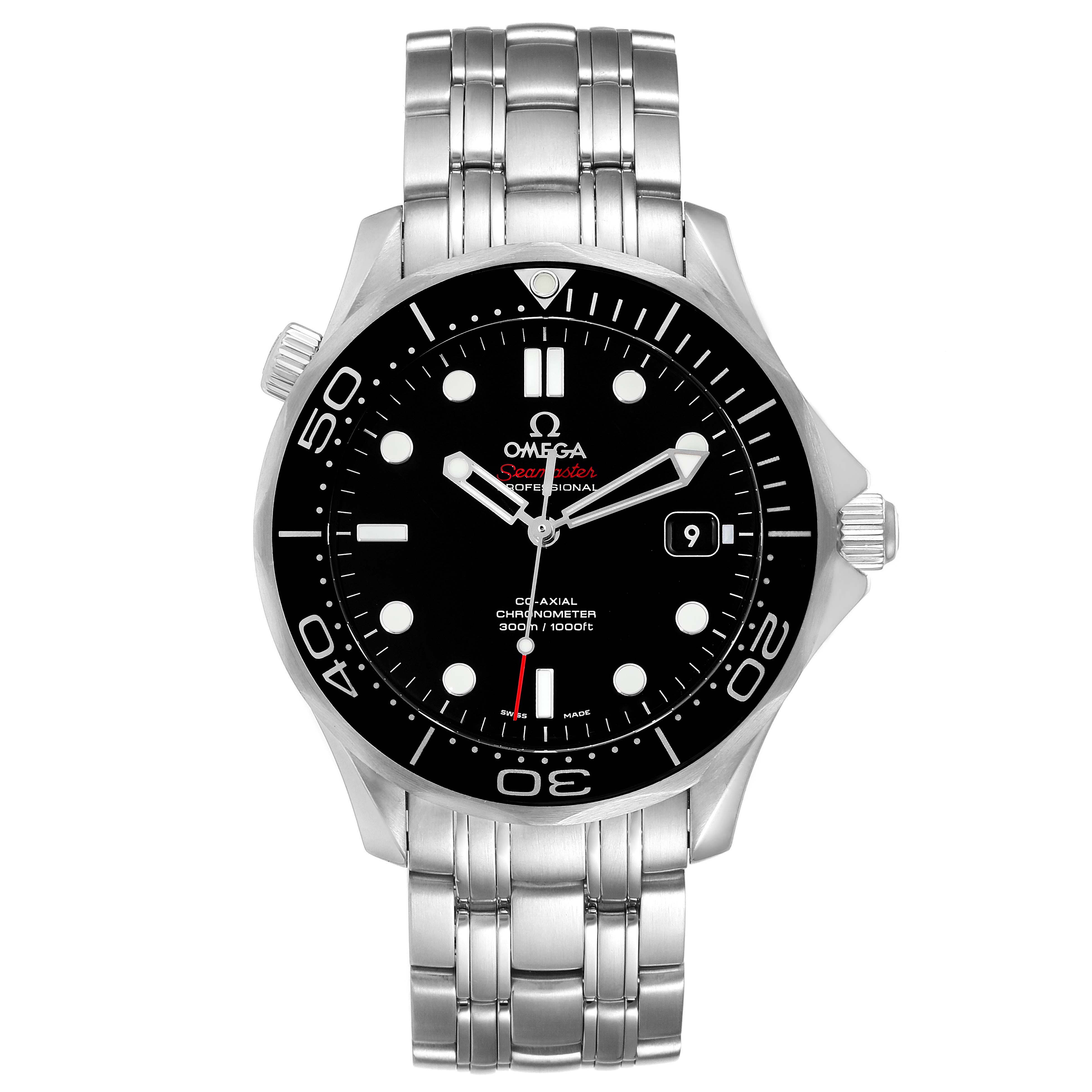 The Omega Seamaster 212.30.41.20.01.003 Men's Stainless Steel Black Dial 212.30.41.20.01.003 Men's Stainless Steel Black Dial watch is shown from a front angle, displaying its black dial, bezel, crown, and stainless steel bracelet.