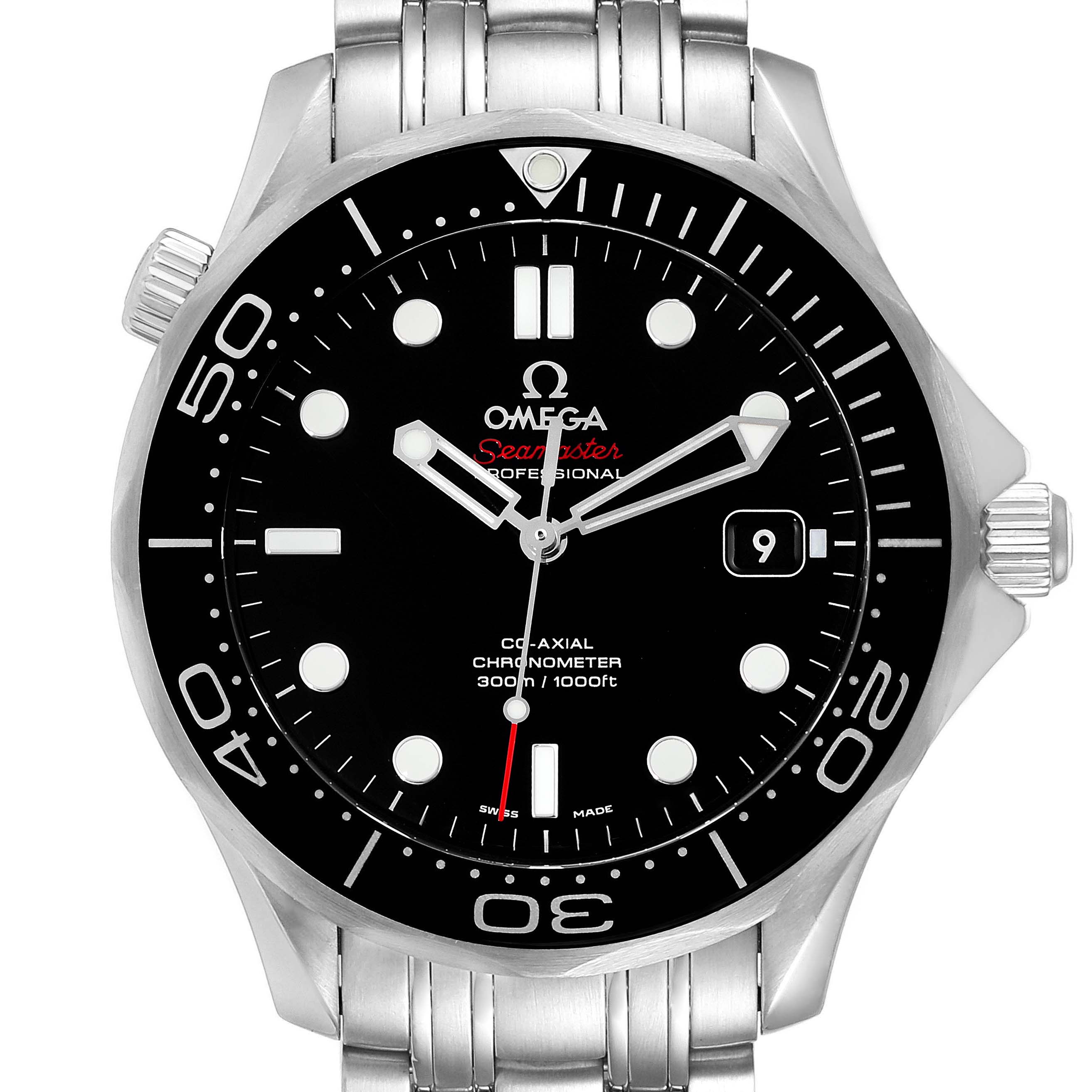 The image shows a front view of the Omega Seamaster 212.30.41.20.01.003 Men's Stainless Steel Black Dial 212.30.41.20.01.003 Men's Stainless Steel Black Dial watch, displaying its dial, bezel, and part of its bracelet.