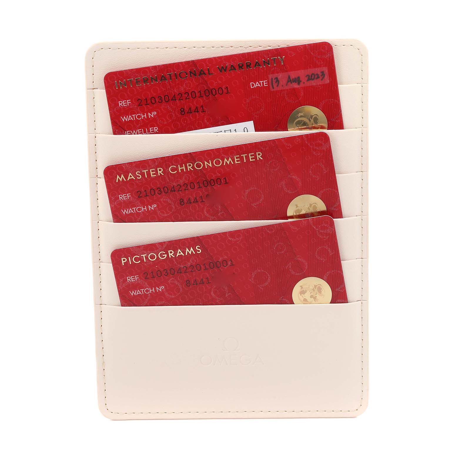 The image shows Omega Seamaster 210.30.42.20.10.001 Men's Stainless Steel Green Dial 210.30.42.20.10.001 Men's Stainless Steel Green Dial cards in a white holder, displaying warranty, master chronometer, and pictogram details.