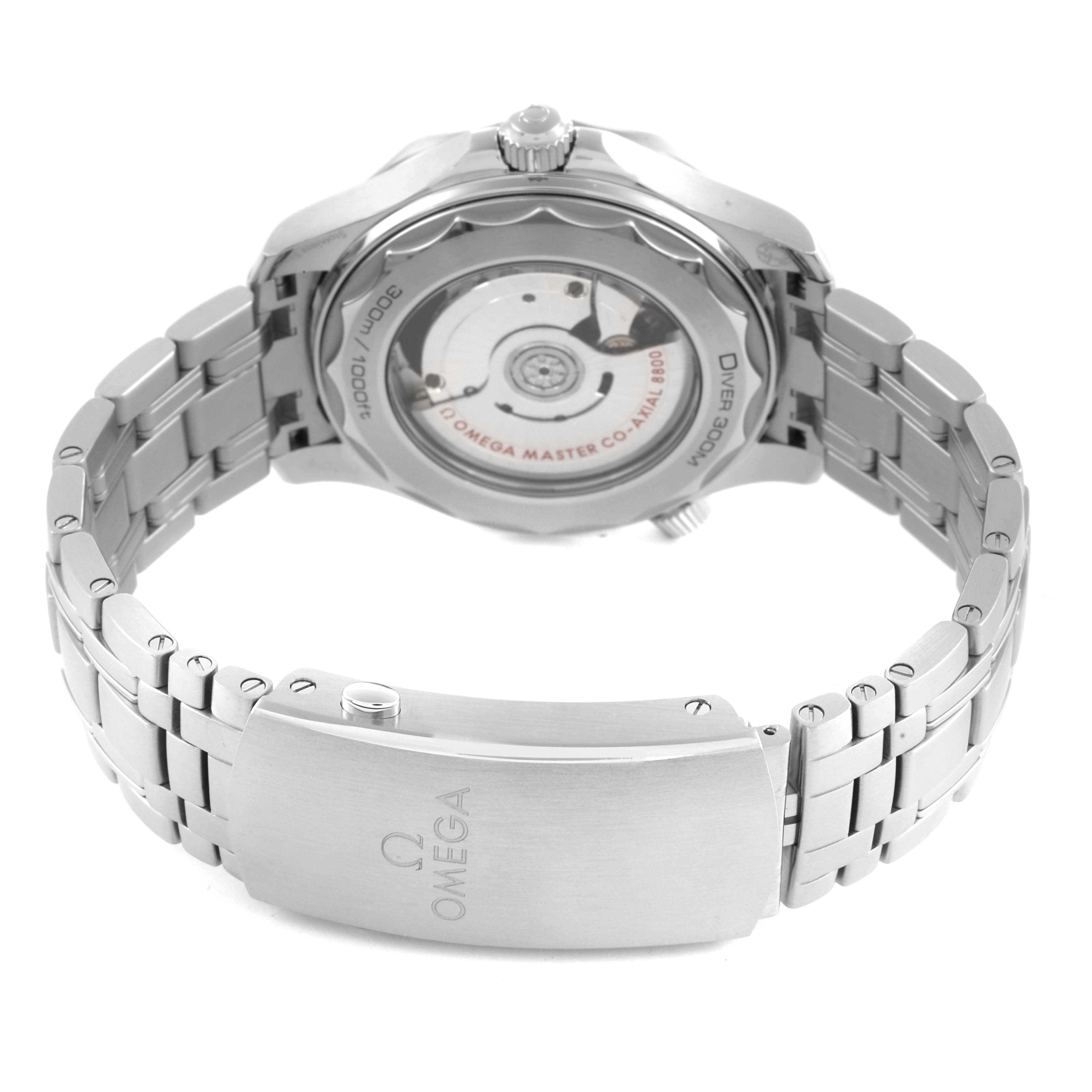 The Omega Seamaster 210.30.42.20.10.001 Men's Stainless Steel Green Dial 210.30.42.20.10.001 Men's Stainless Steel Green Dial is shown from the back, highlighting the movement through the transparent case back and the metal bracelet.