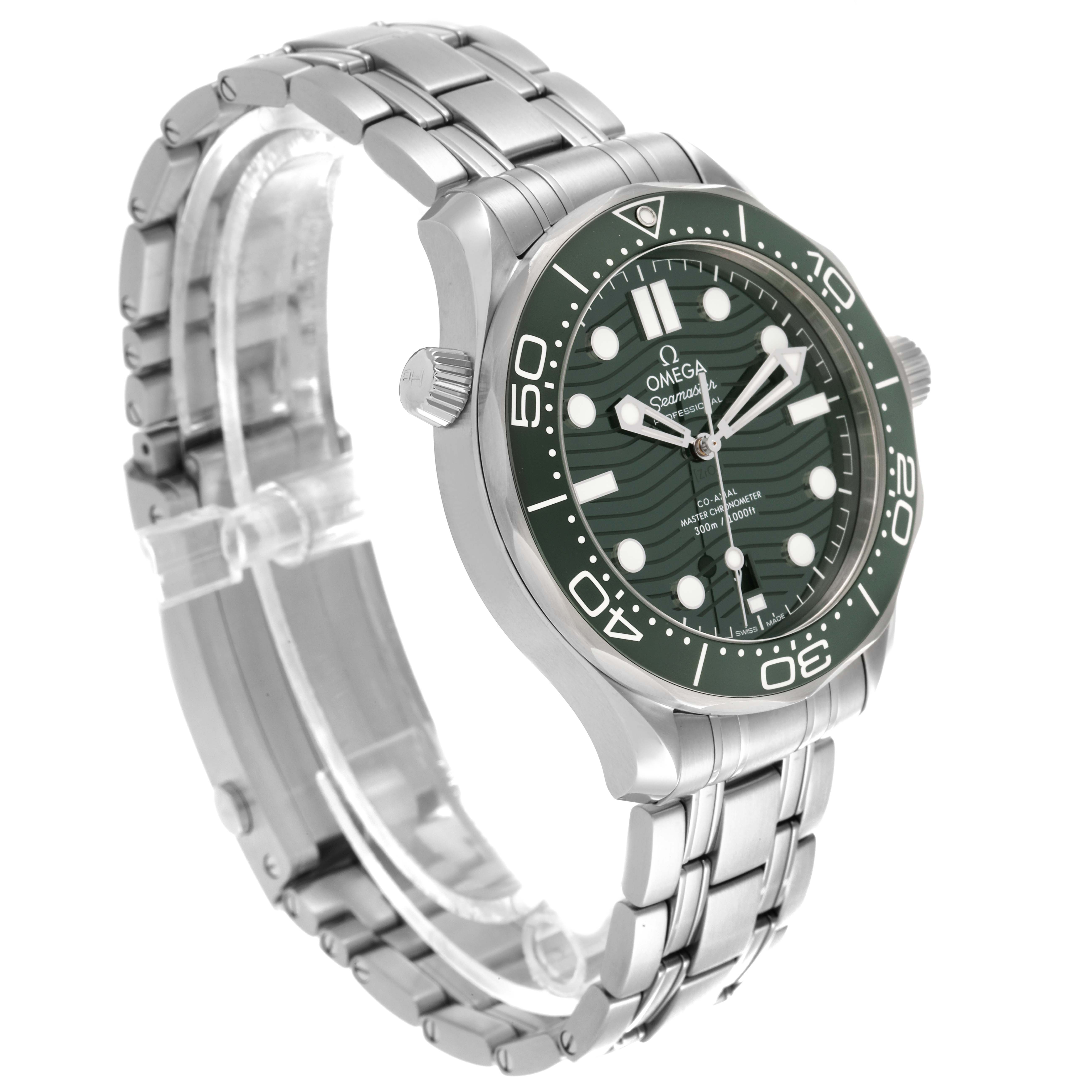 The Omega Seamaster 210.30.42.20.10.001 Men's Stainless Steel Green Dial 210.30.42.20.10.001 Men's Stainless Steel Green Dial watch is shown at a three-quarter angle, highlighting the face, bezel, crown, and stainless steel bracelet.