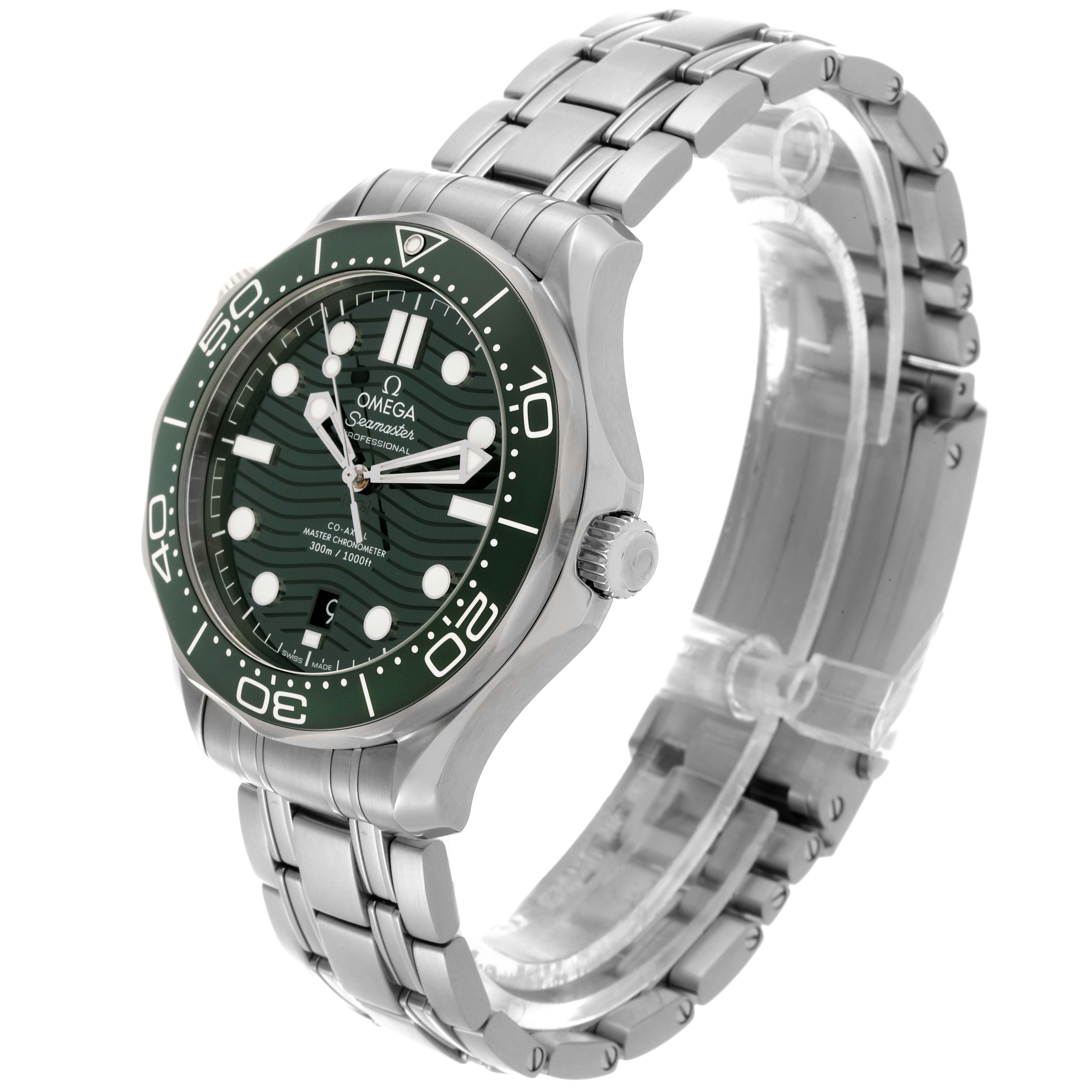 The Omega Seamaster 210.30.42.20.10.001 Men's Stainless Steel Green Dial 210.30.42.20.10.001 Men's Stainless Steel Green Dial watch is shown at a three-quarter angle, displaying the dial and bracelet.