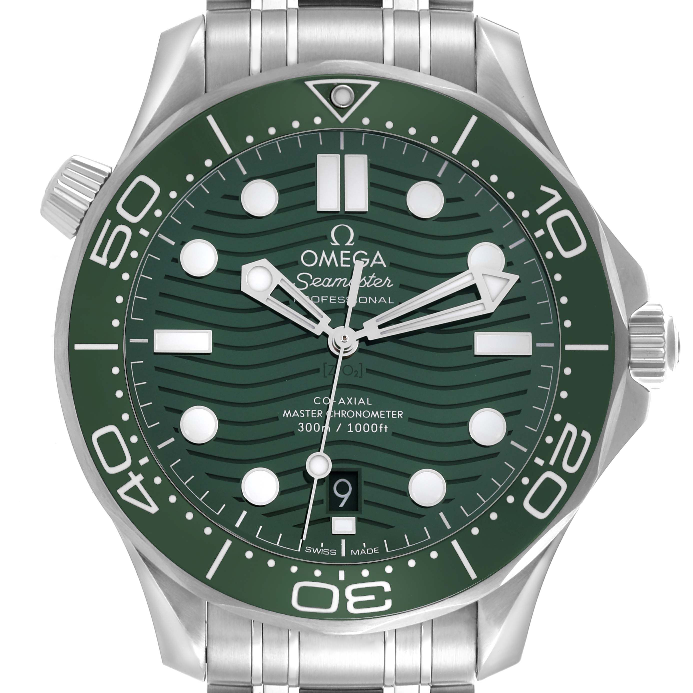 The image shows a front view of the Omega Seamaster 210.30.42.20.10.001 Men's Stainless Steel Green Dial 210.30.42.20.10.001 Men's Stainless Steel Green Dial watch, highlighting its green dial and bezel.