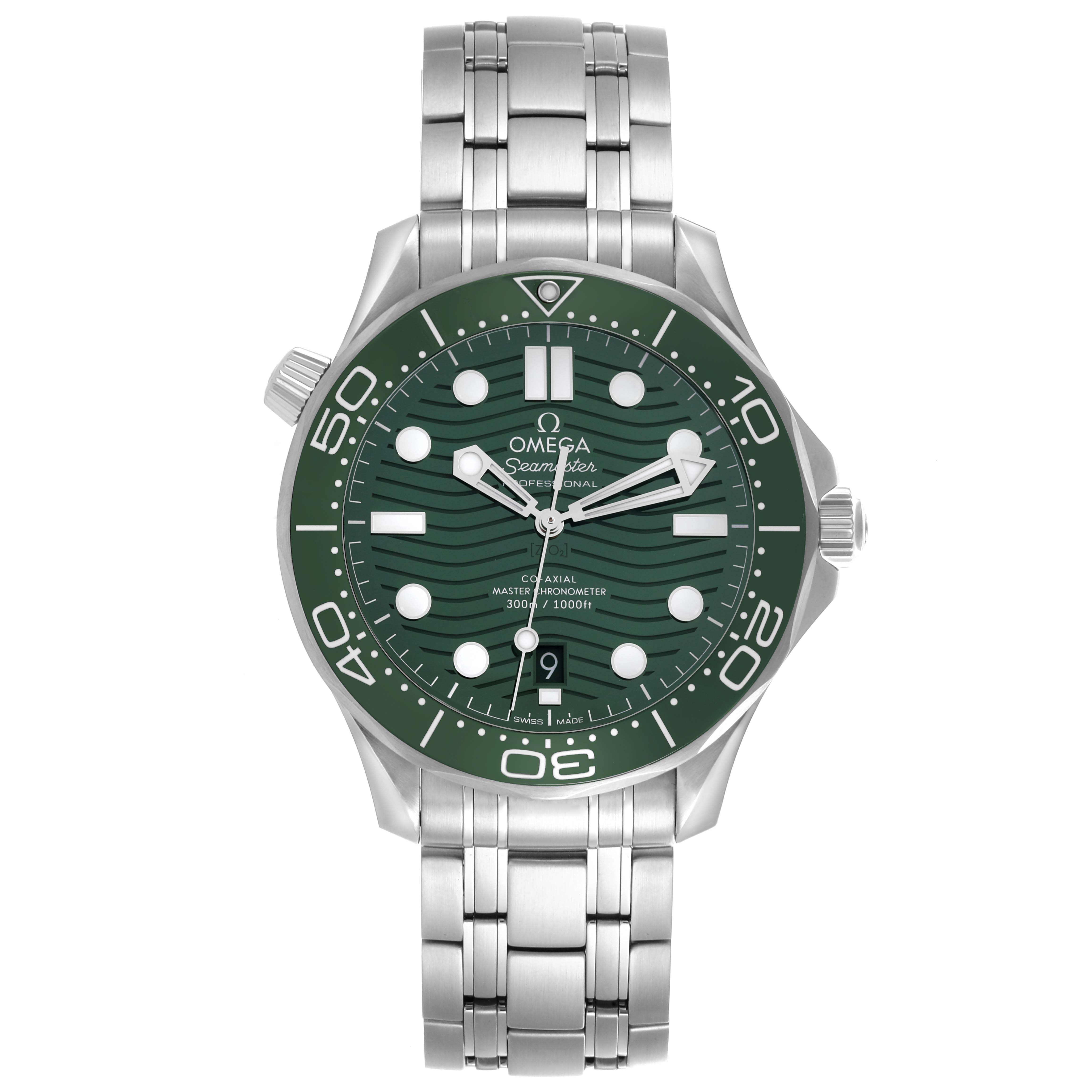 The Omega Seamaster 210.30.42.20.10.001 Men's Stainless Steel Green Dial 210.30.42.20.10.001 Men's Stainless Steel Green Dial watch is shown from a front angle, highlighting its green dial and stainless steel bracelet.