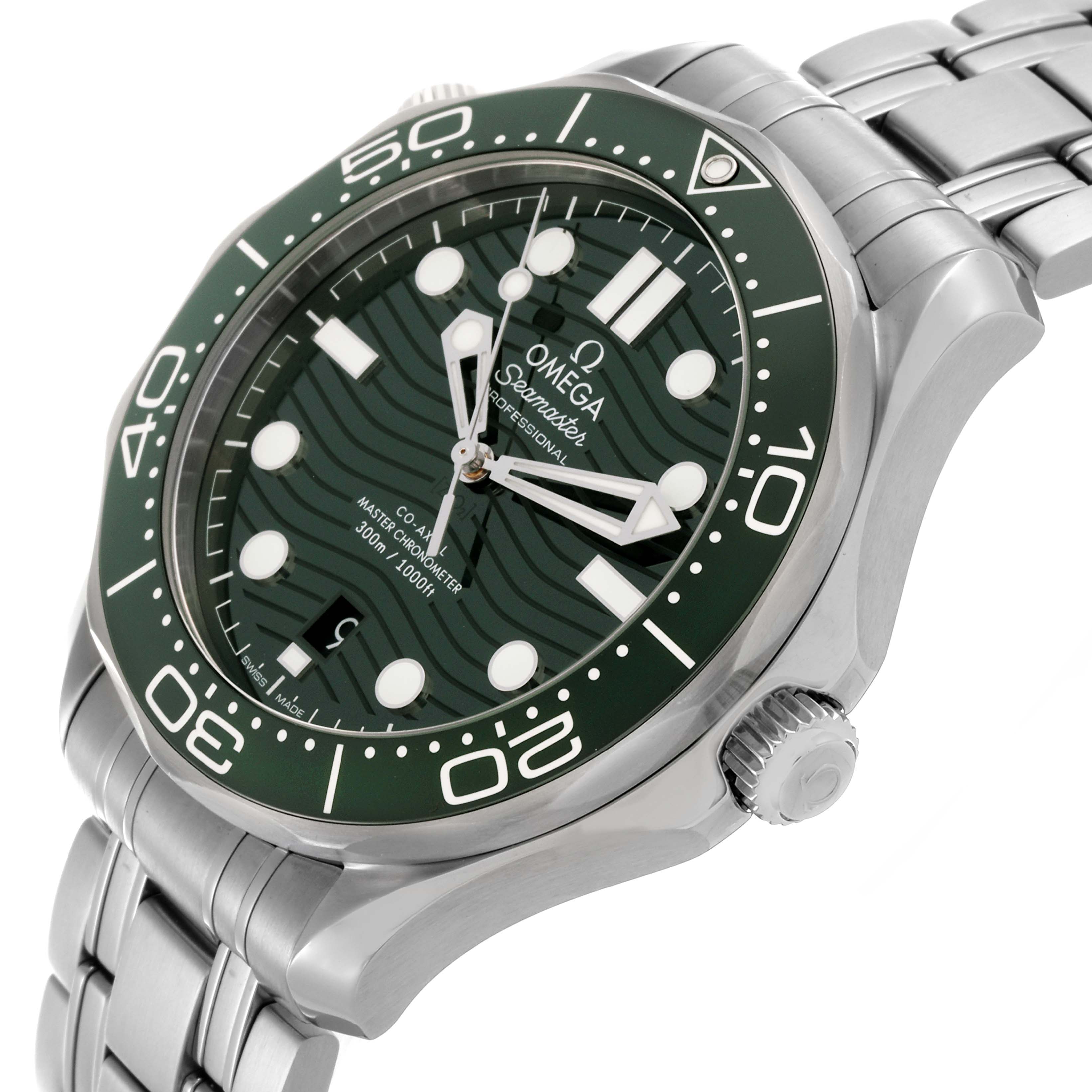 The Omega Seamaster 210.30.42.20.10.001 Men's Stainless Steel Green Dial 210.30.42.20.10.001 Men's Stainless Steel Green Dial watch is shown at an angle highlighting its green bezel, dial, crown, and bracelet.