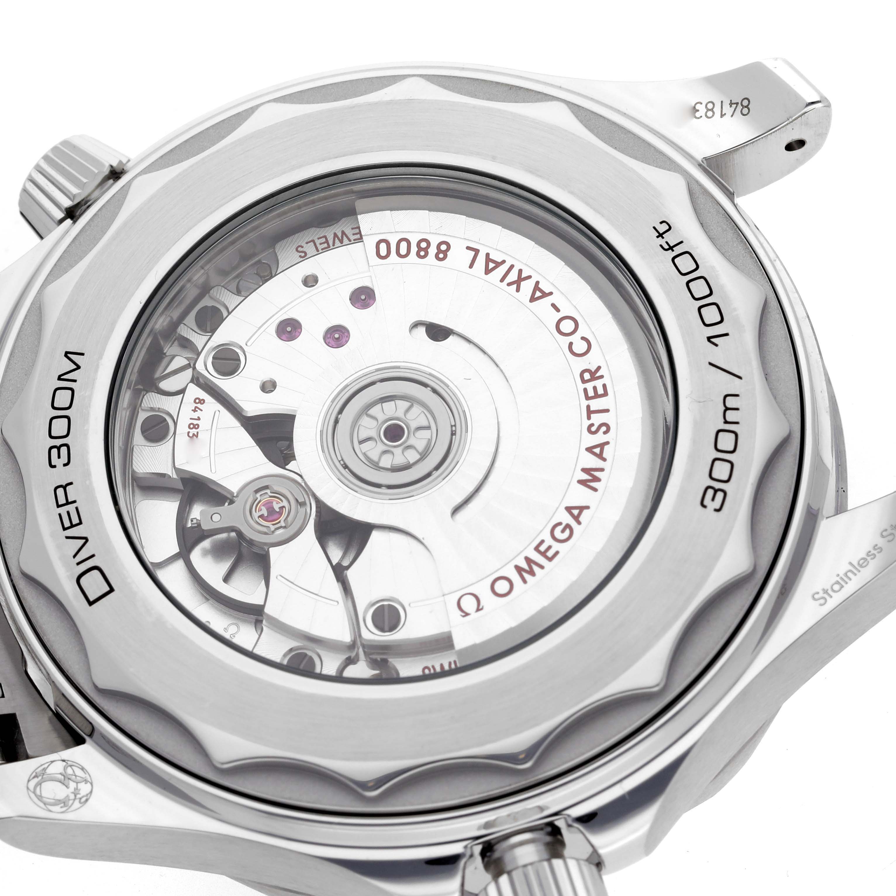 The image shows the case back of the Omega Seamaster 210.30.42.20.10.001 Men's Stainless Steel Green Dial 210.30.42.20.10.001 Men's Stainless Steel Green Dial, highlighting the movement inside.