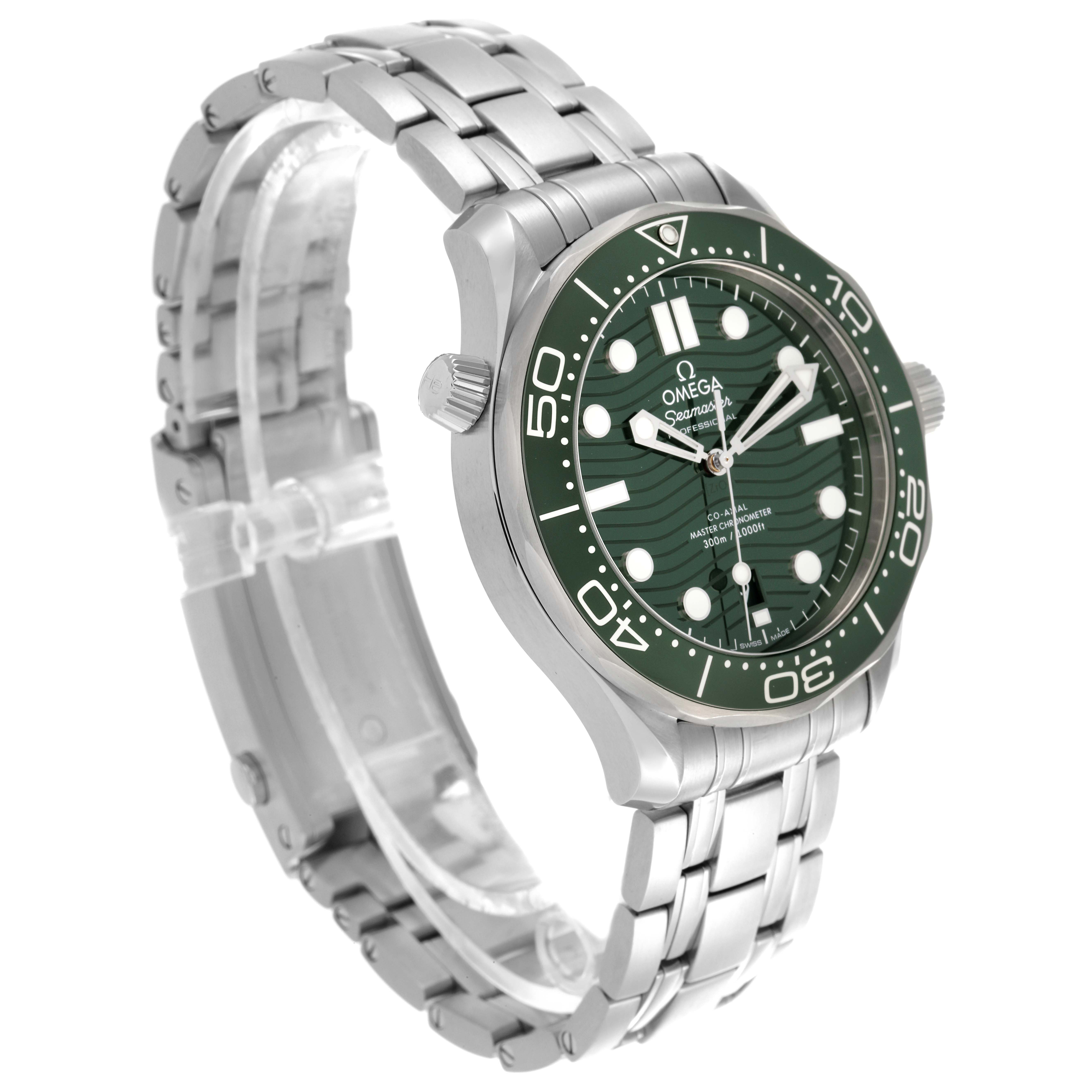 The Omega Seamaster 210.30.42.20.10.001 Men's Stainless Steel Green Dial 210.30.42.20.10.001 Men's Stainless Steel Green Dial watch is shown at a slight angle, highlighting the face, bezel, crown, and stainless steel bracelet.