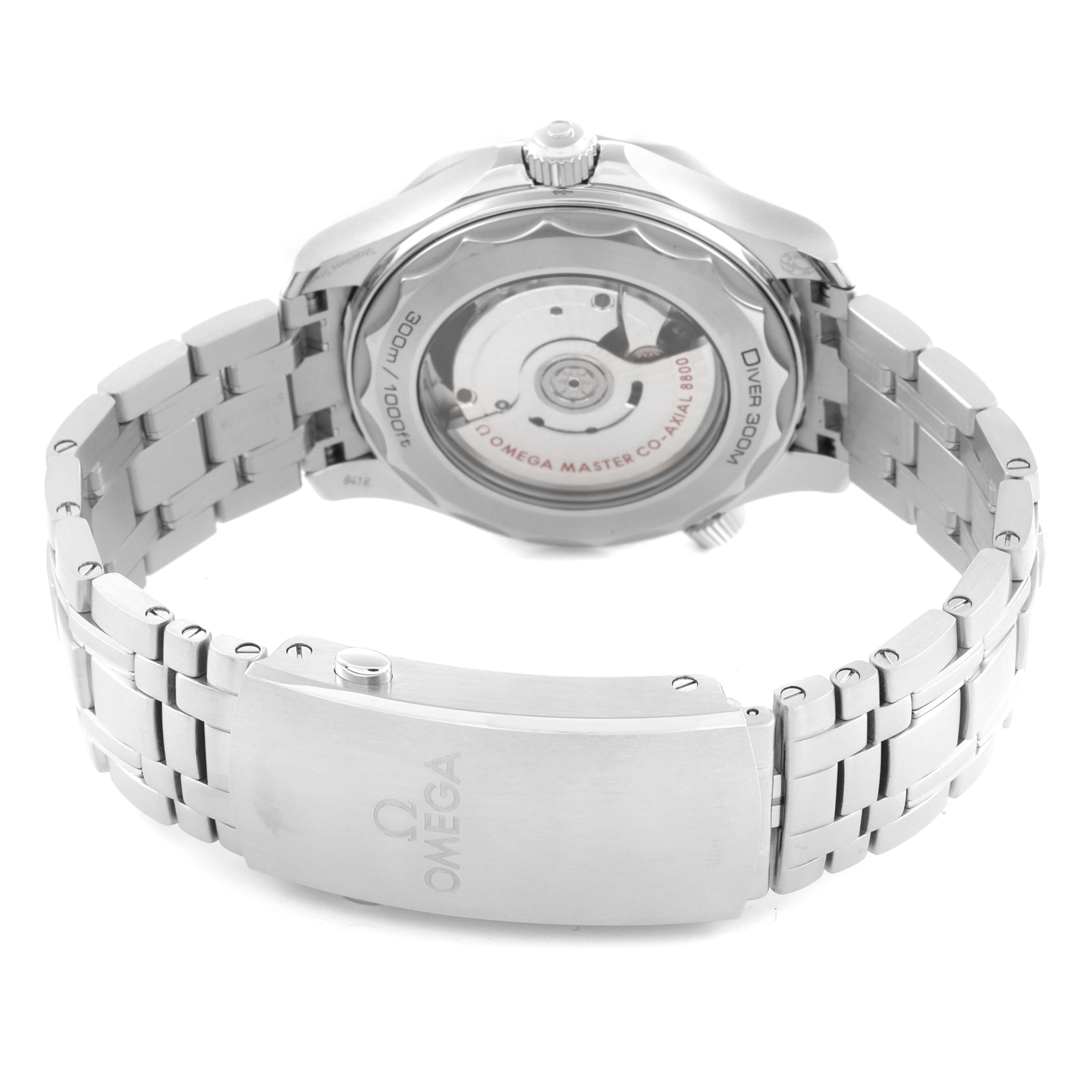 The Omega Seamaster 210.30.42.20.10.001 Men's Stainless Steel Green Dial 210.30.42.20.10.001 Men's Stainless Steel Green Dial watch is shown from the back, displaying its open caseback and metal bracelet.