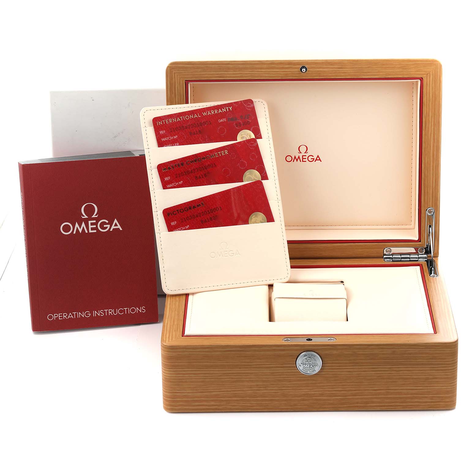 This image shows the Omega Seamaster 210.30.42.20.10.001 Men's Stainless Steel Green Dial 210.30.42.20.10.001 Men's Stainless Steel Green Dial's packaging, warranty cards, and operating instructions.