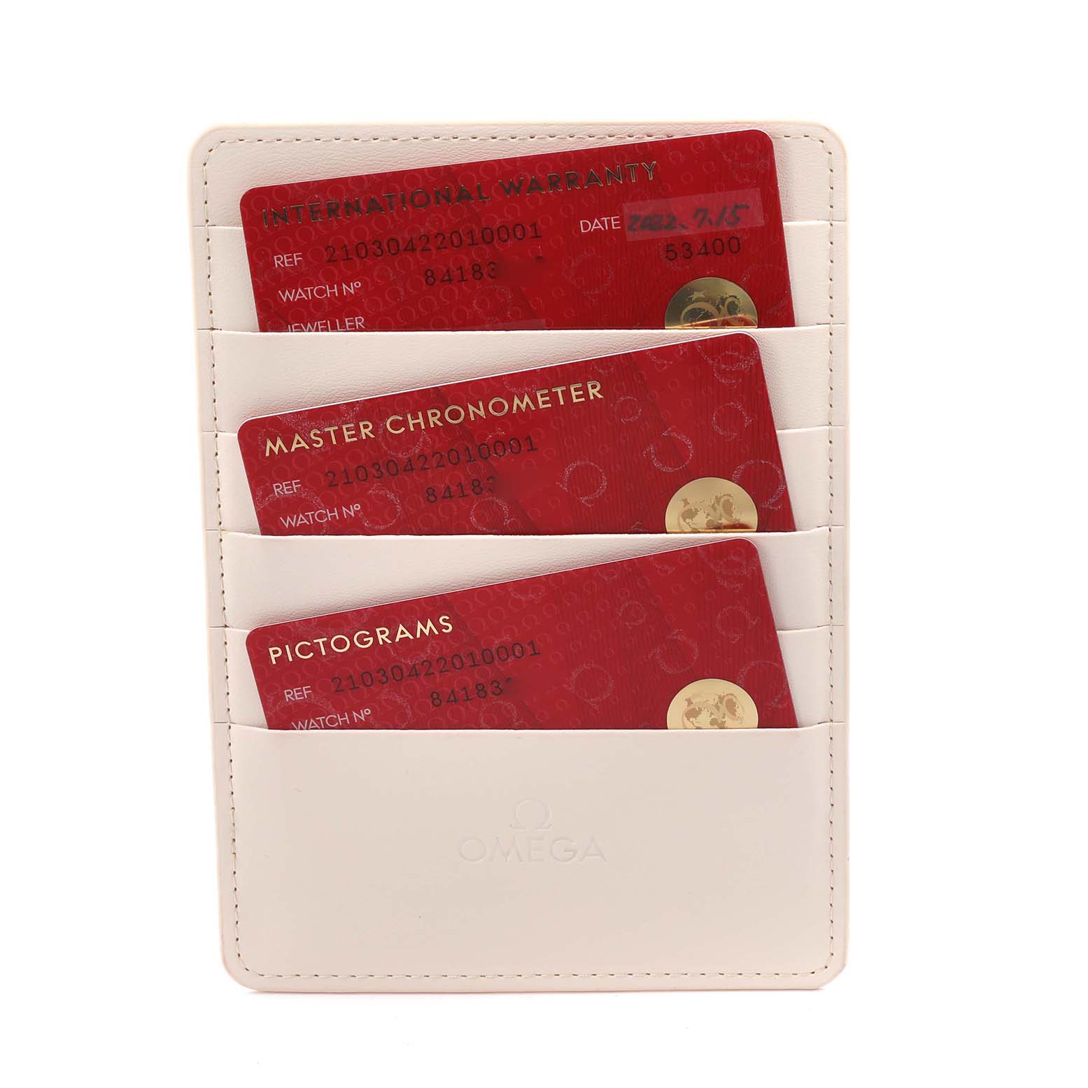 The image shows warranty and certification cards for the Omega Seamaster 210.30.42.20.10.001 Men's Stainless Steel Green Dial 210.30.42.20.10.001 Men's Stainless Steel Green Dial model, placed in a white cardholder.