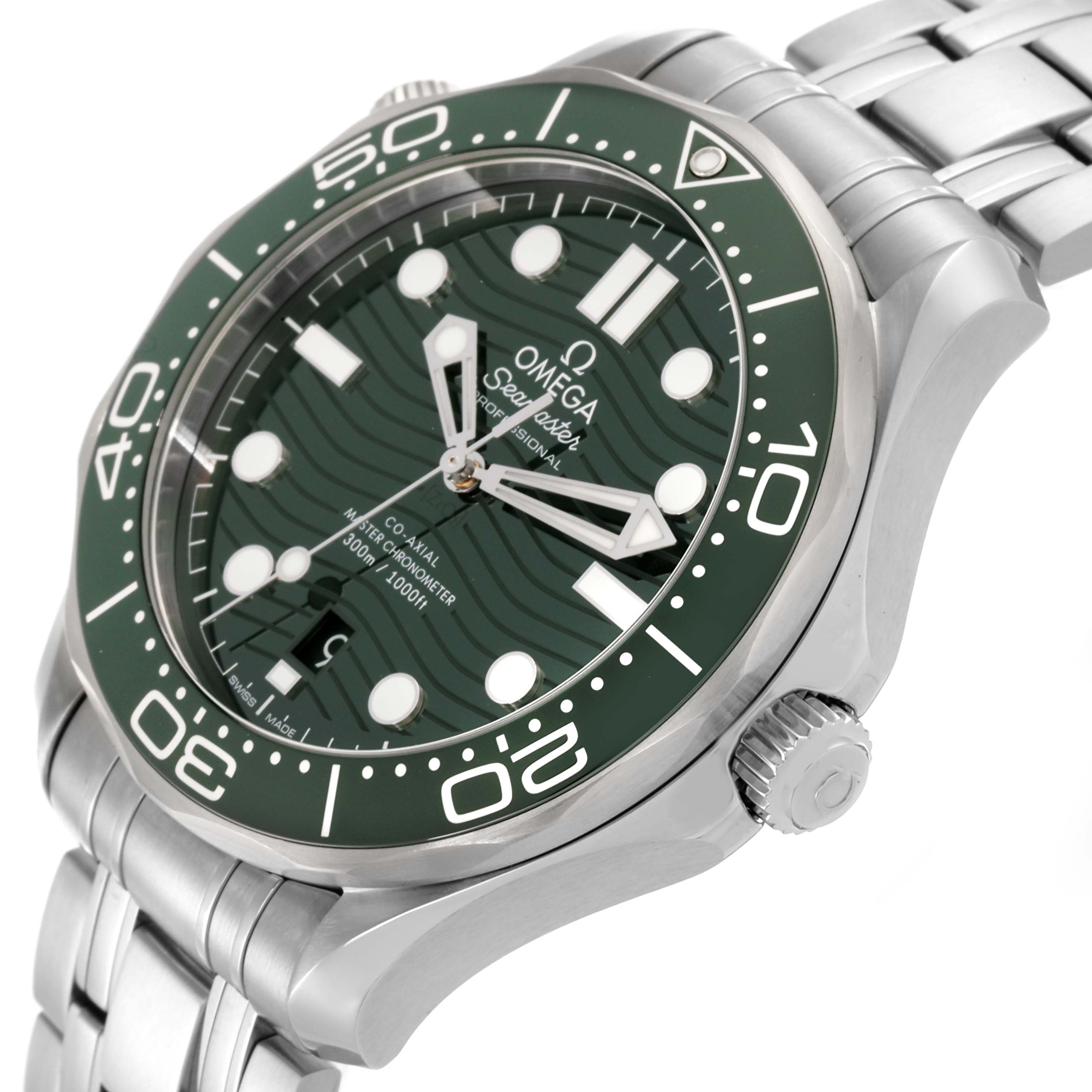 The image shows an angled view of the Omega Seamaster 210.30.42.20.10.001 Men's Stainless Steel Green Dial 210.30.42.20.10.001 Men's Stainless Steel Green Dial, highlighting the green dial, bezel, and stainless steel bracelet.