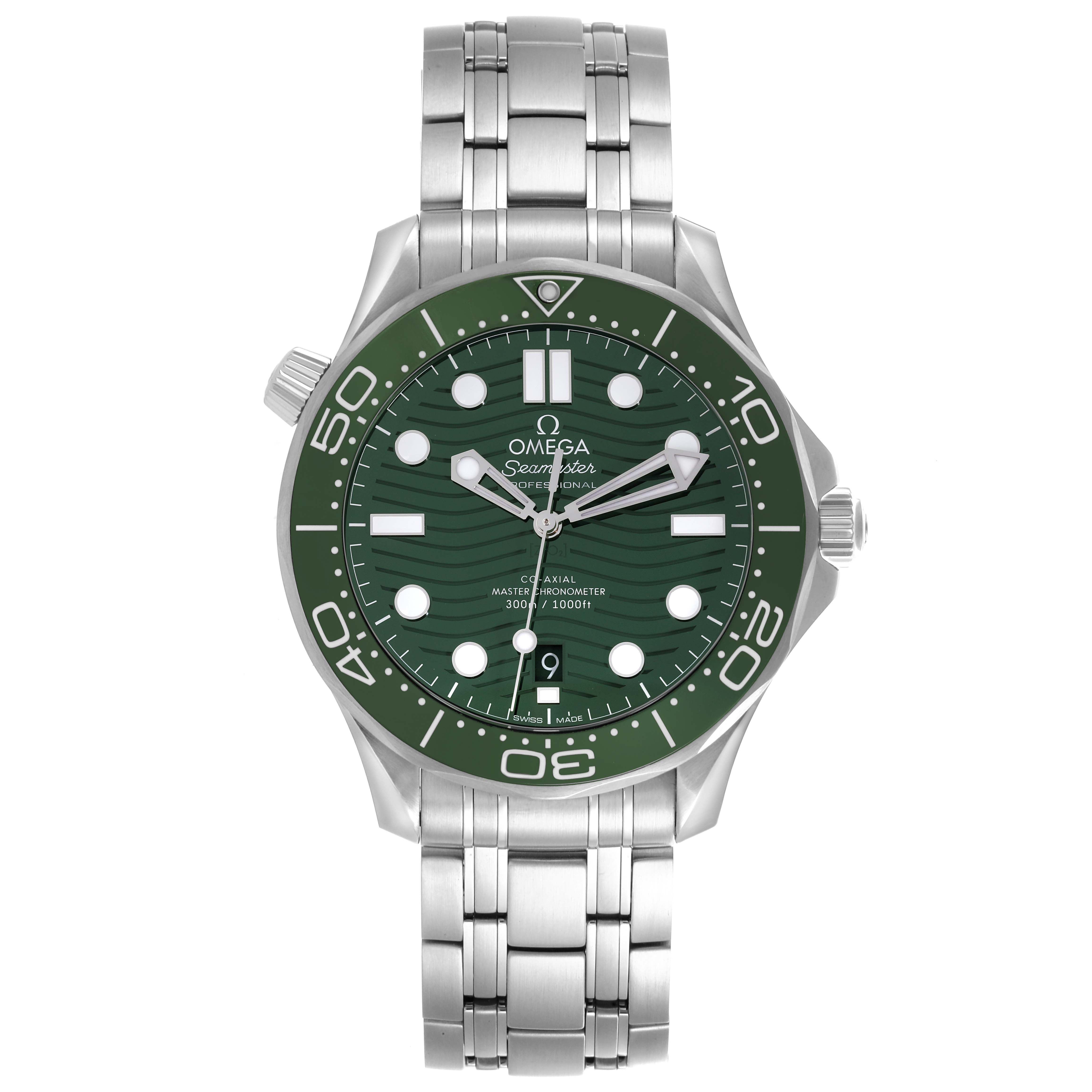 The Omega Seamaster 210.30.42.20.10.001 Men's Stainless Steel Green Dial 210.30.42.20.10.001 Men's Stainless Steel Green Dial watch is shown from the front, displaying its green dial, bezel, and metal bracelet.