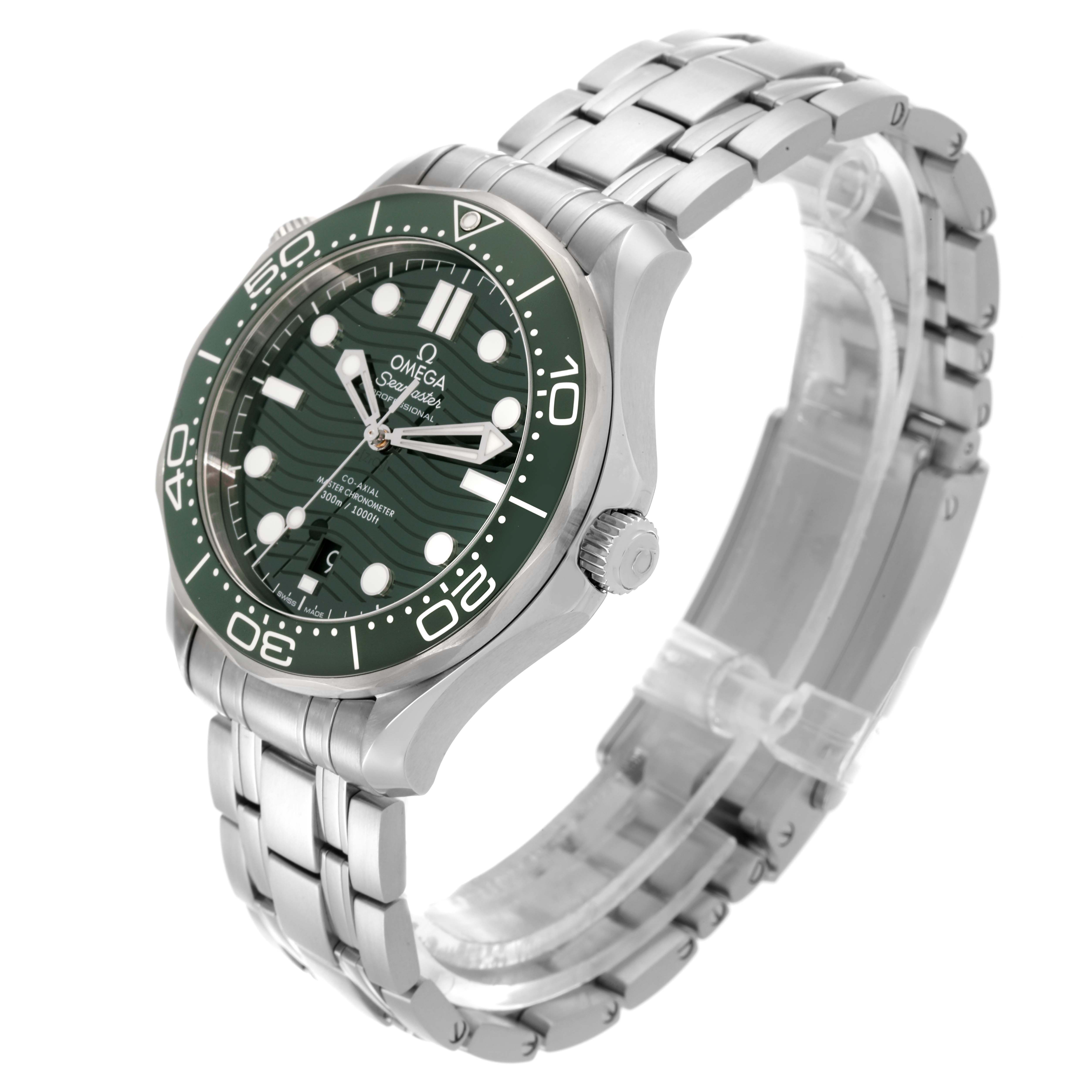 The Omega Seamaster 210.30.42.20.10.001 Men's Stainless Steel Green Dial 210.30.42.20.10.001 Men's Stainless Steel Green Dial watch is shown at a three-quarter view, highlighting the green dial, bezel, crown, and metal bracelet.