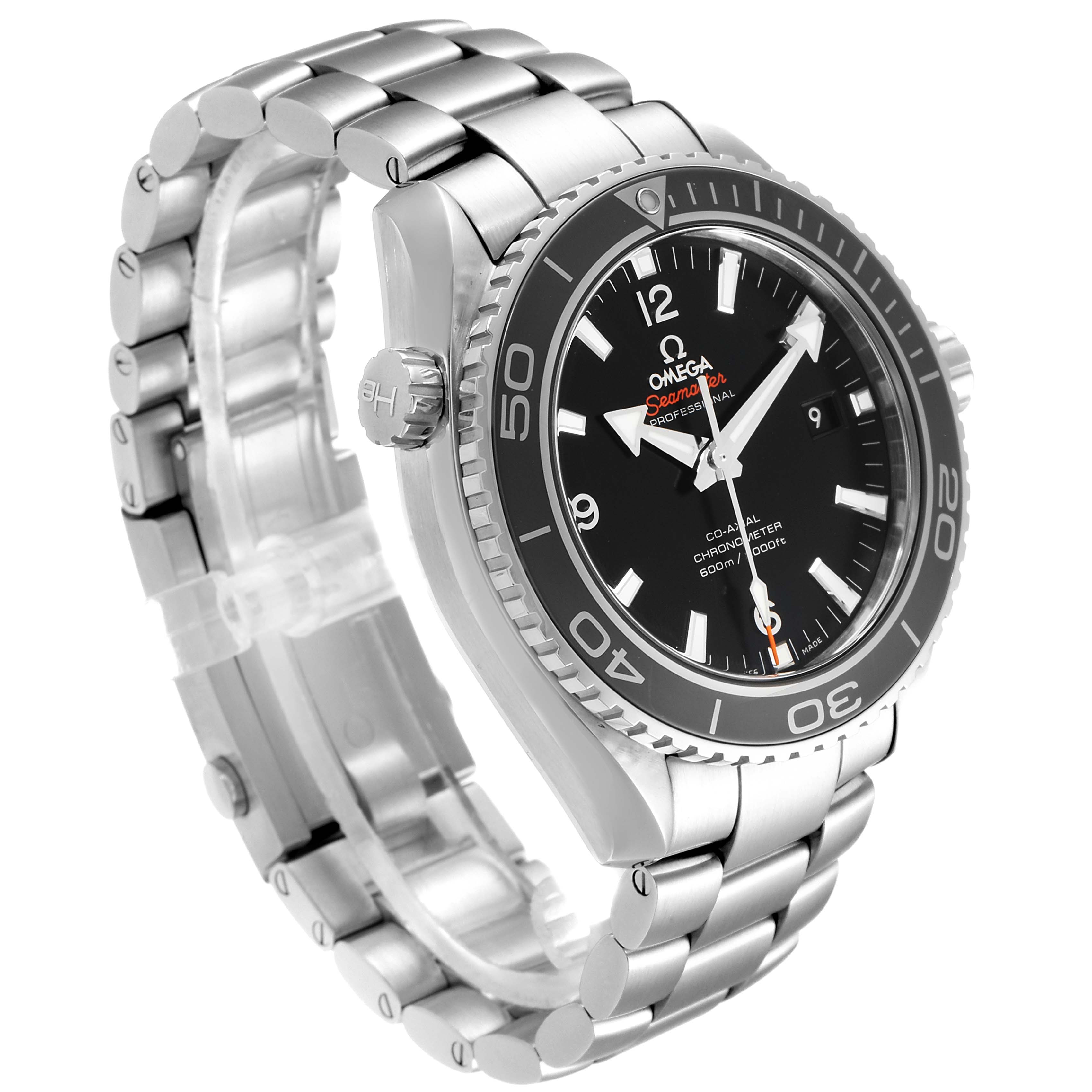 The Omega Planet Ocean 232.30.46.21.01.001 Men
s Stainless Steel Black Dial 232.30.46.21.01.001 Men
s Stainless Steel Black Dial watch is shown at a three-quarter angle, displaying the bracelet, bezel, crown, and the face.