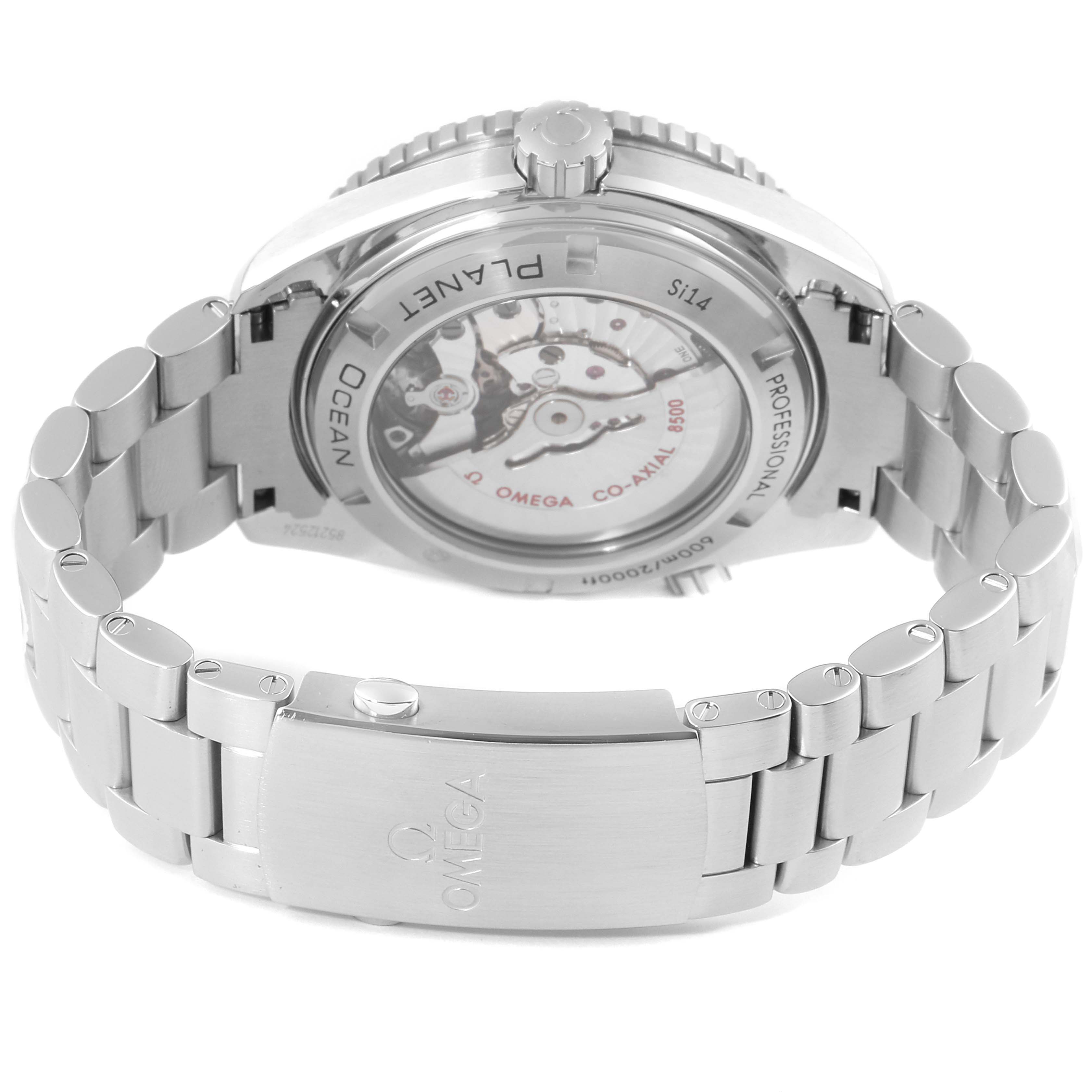 The image shows the back case, movement, and metal bracelet of the Omega Planet Ocean 232.30.46.21.01.001 Men
s Stainless Steel Black Dial 232.30.46.21.01.001 Men
s Stainless Steel Black Dial watch from a rear angle.