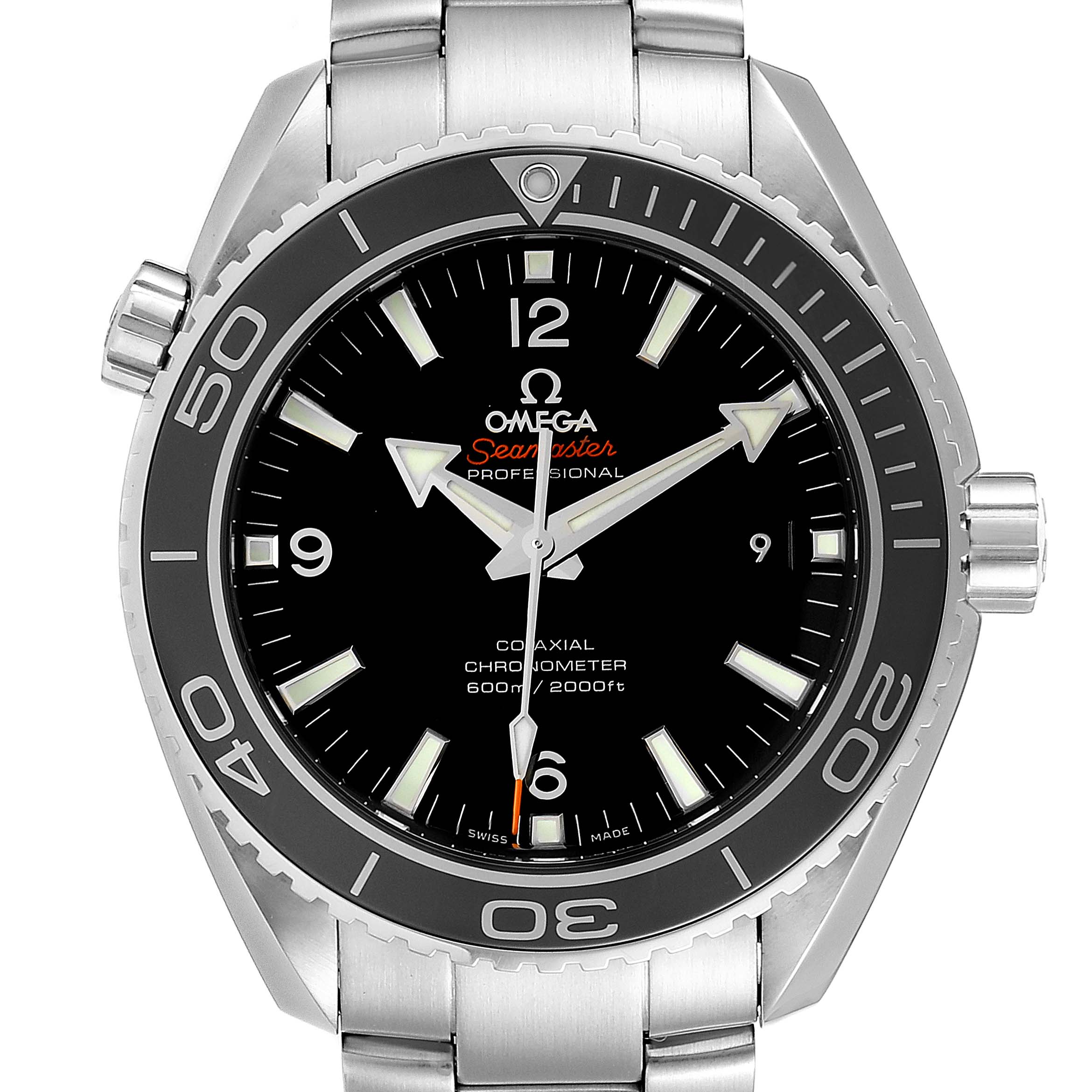 The Omega Planet Ocean 232.30.46.21.01.001 Men
s Stainless Steel Black Dial 232.30.46.21.01.001 Men
s Stainless Steel Black Dial watch is shown from a front angle, displaying the dial, bezel, and stainless steel bracelet.