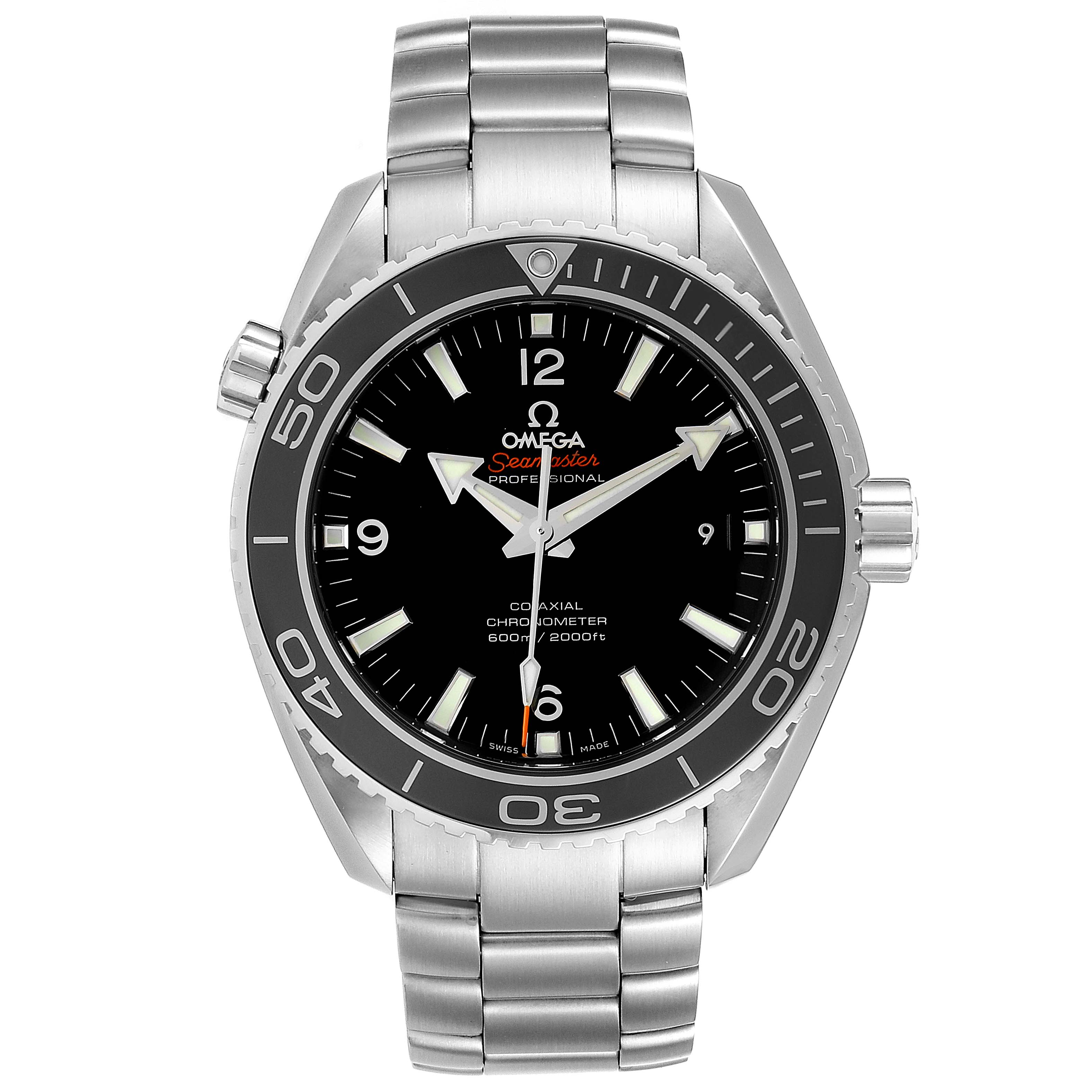 This image shows a front view of the Omega Planet Ocean 232.30.46.21.01.001 Men
s Stainless Steel Black Dial 232.30.46.21.01.001 Men
s Stainless Steel Black Dial model, displaying its dial, bezel, and bracelet.