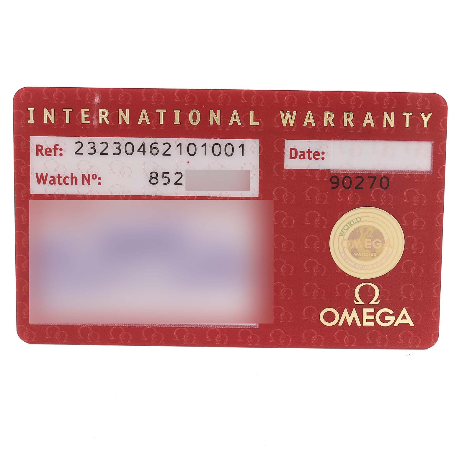 The image shows the international warranty card for the Omega Planet Ocean 232.30.46.21.01.001 Men
s Stainless Steel Black Dial 232.30.46.21.01.001 Men
s Stainless Steel Black Dial watch model.