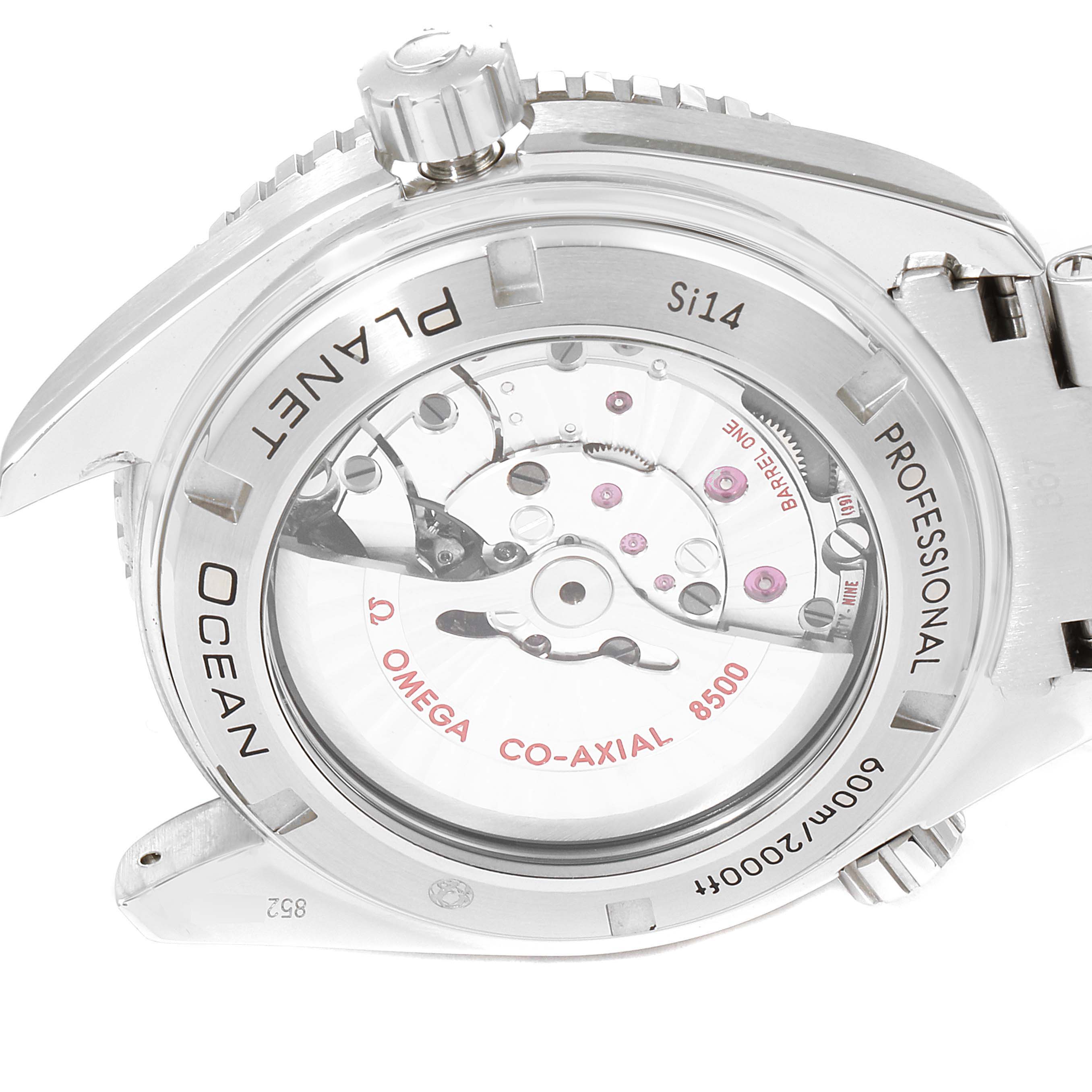 This image shows the case back and movement of the Omega Planet Ocean 232.30.46.21.01.001 Men
s Stainless Steel Black Dial 232.30.46.21.01.001 Men
s Stainless Steel Black Dial watch, highlighting the Co-Axial 8500 mechanism.