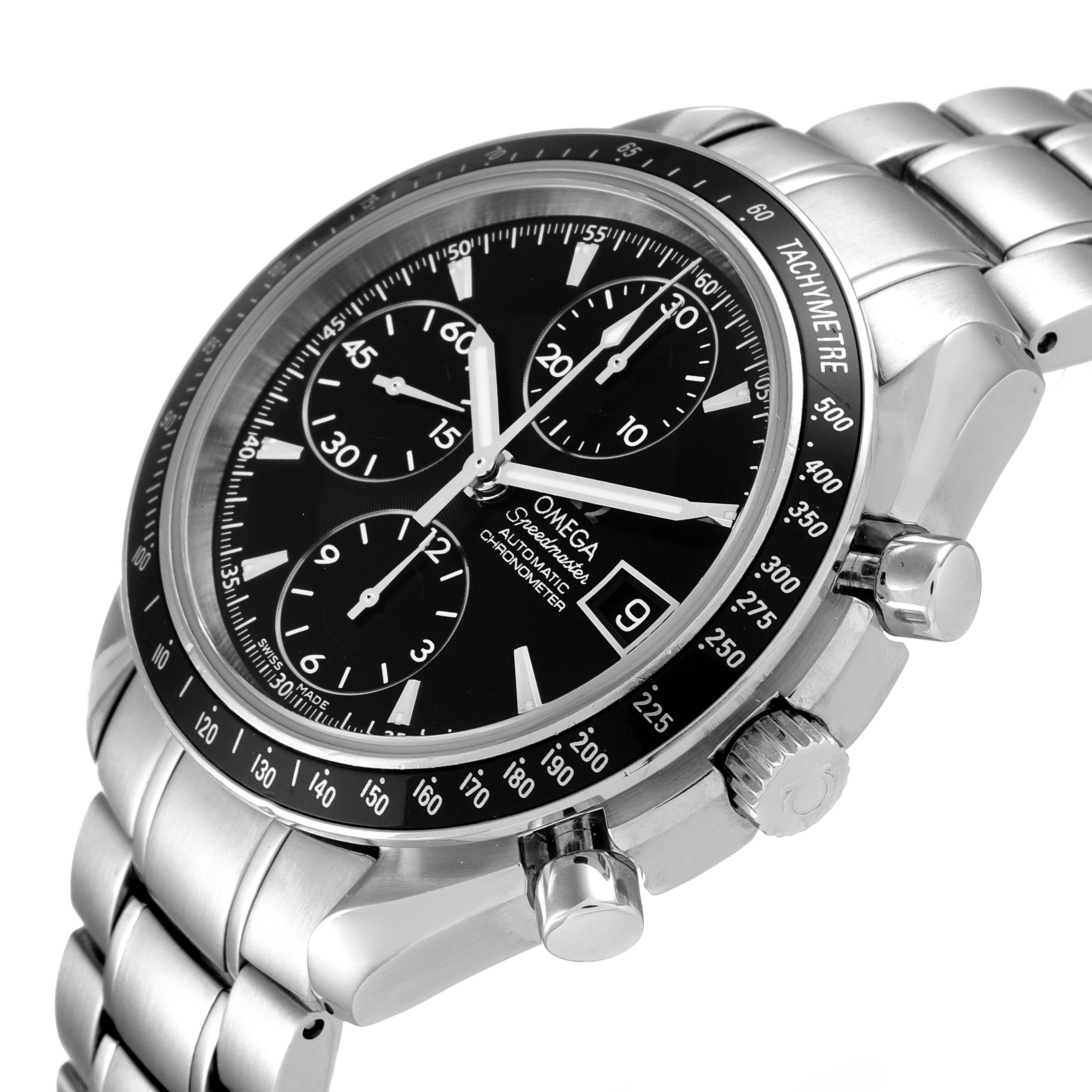 The image shows the Omega Speedmaster 3210.50.00 Men's Stainless Steel Black Dial 3210.50.00 Men's Stainless Steel Black Dial watch from a slight side angle, highlighting the face, chronograph dials, bezel, and metal bracelet.