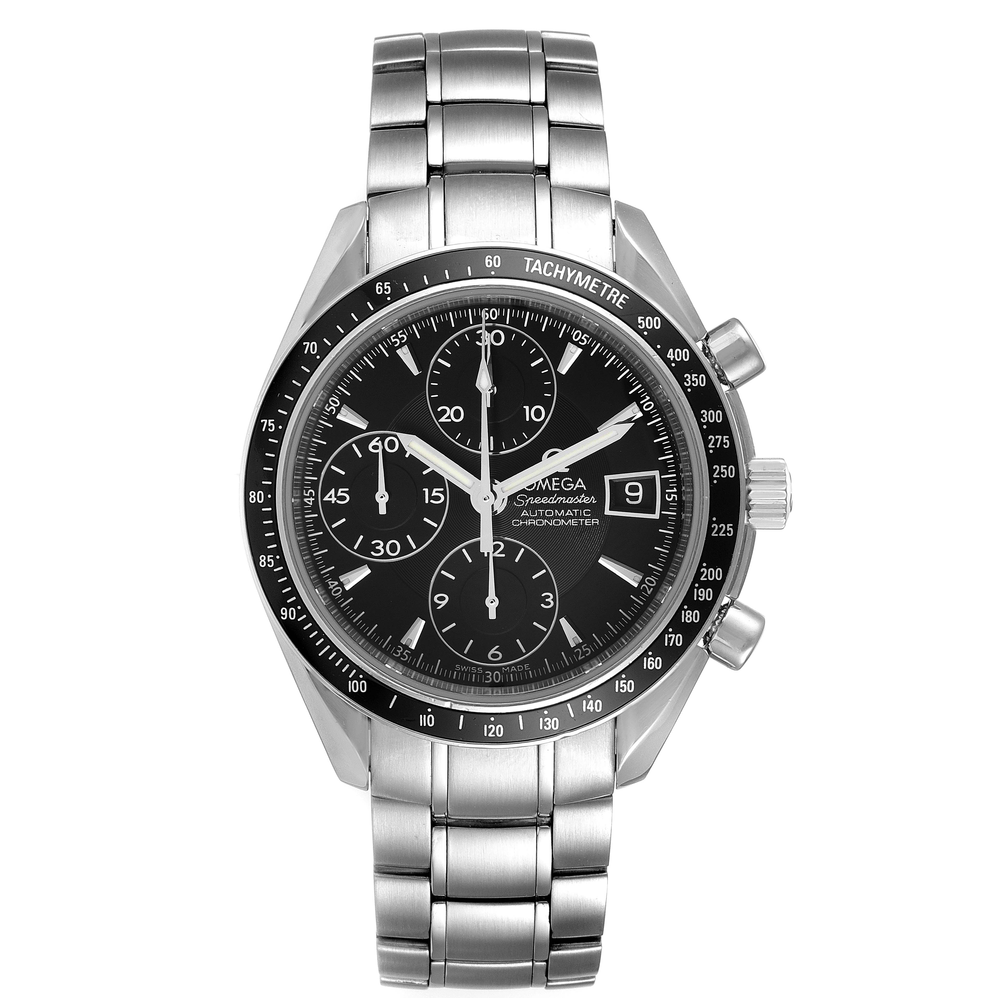 The image shows a front view of the Omega Speedmaster 3210.50.00 Men's Stainless Steel Black Dial 3210.50.00 Men's Stainless Steel Black Dial watch, displaying the dial, bezel, and stainless steel bracelet.