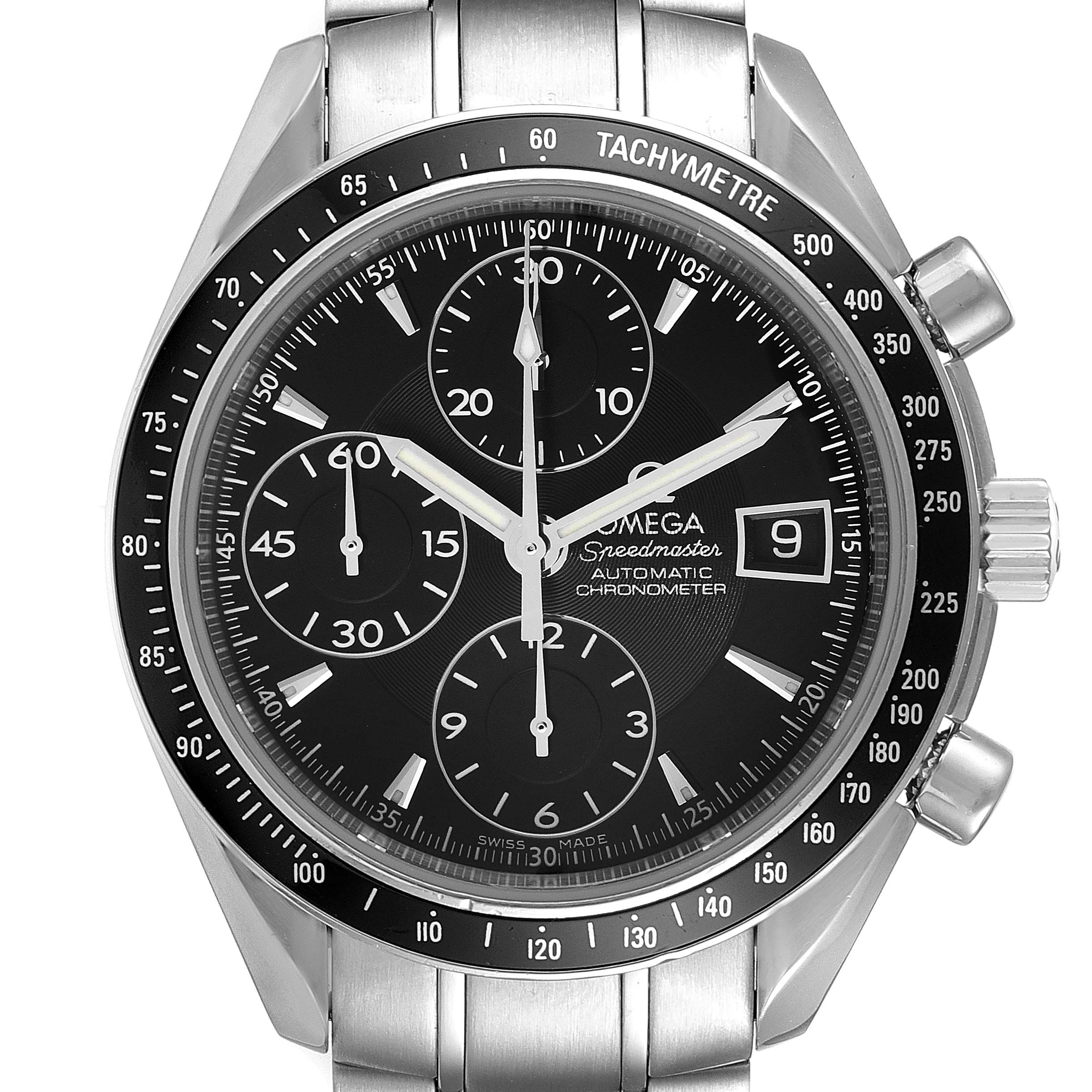 The image shows a front view of an Omega Speedmaster 3210.50.00 Men's Stainless Steel Black Dial 3210.50.00 Men's Stainless Steel Black Dial watch, highlighting the dial, chronographs, tachymeter, and bracelet.
