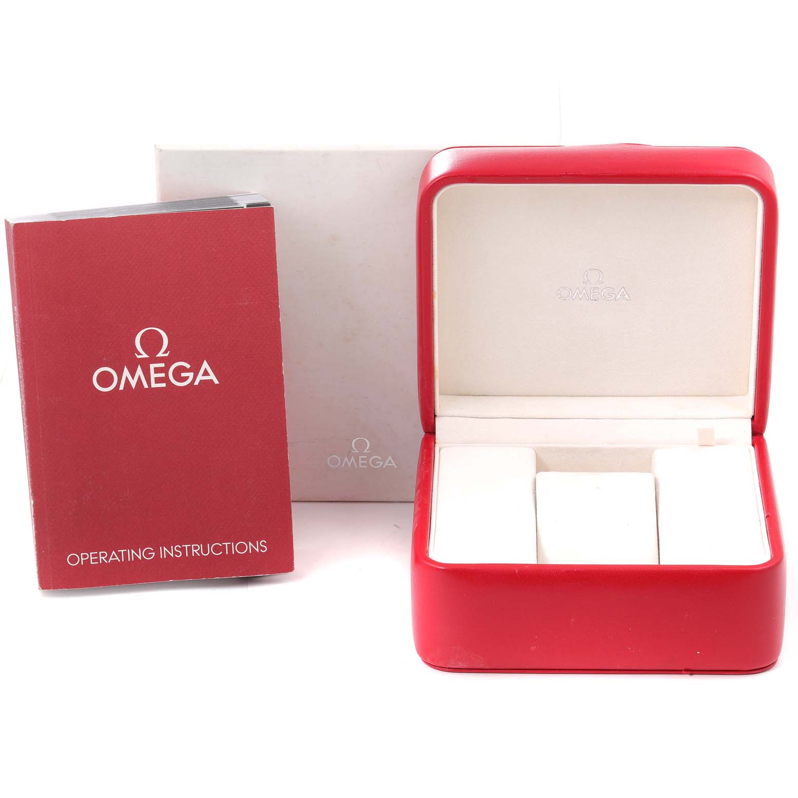 This image shows the packaging, red box, and operating instructions for an Omega Speedmaster 3210.50.00 Men's Stainless Steel Black Dial 3210.50.00 Men's Stainless Steel Black Dial watch.