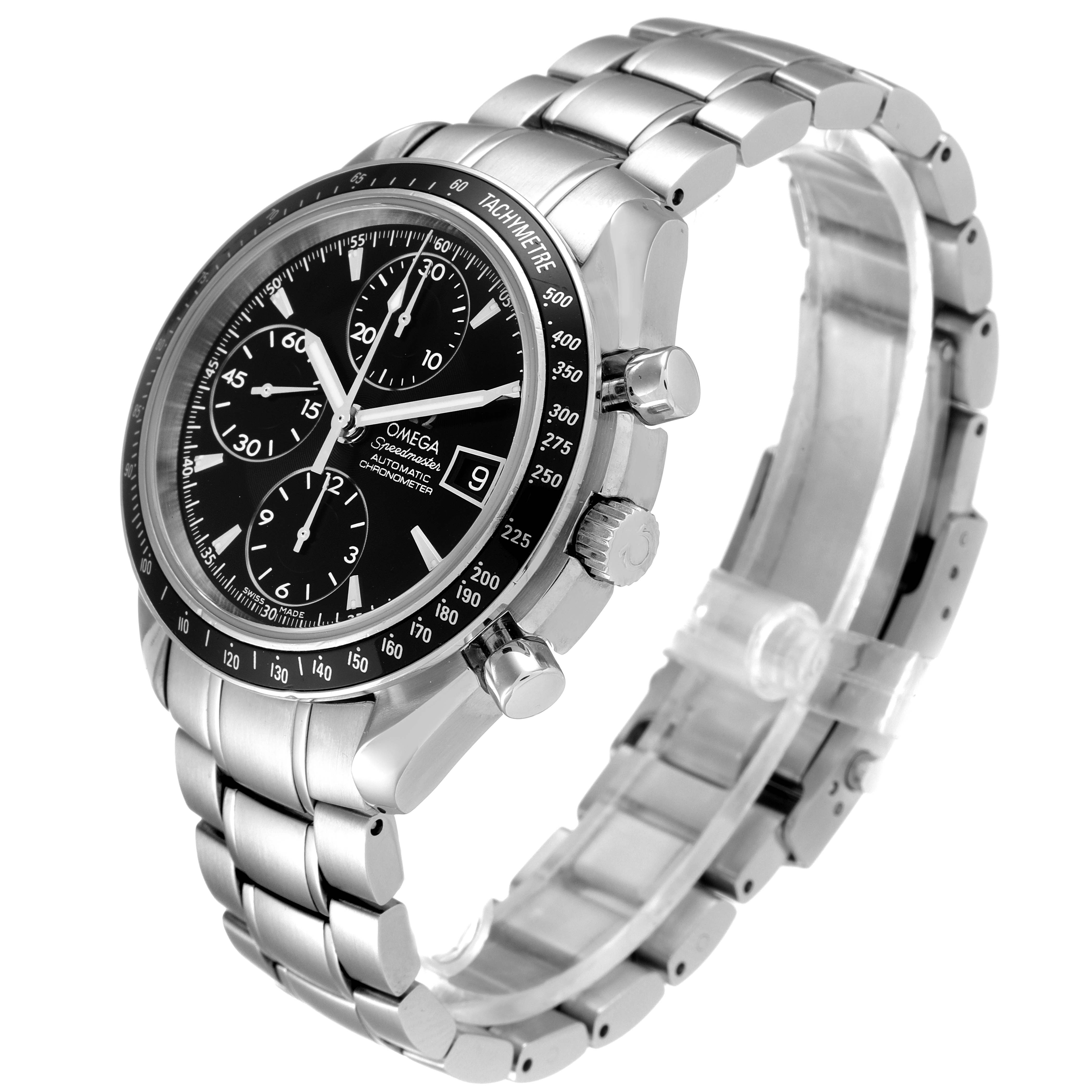 The Omega Speedmaster 3210.50.00 Men's Stainless Steel Black Dial 3210.50.00 Men's Stainless Steel Black Dial watch is shown at an angle highlighting its face, side buttons, and metal strap.