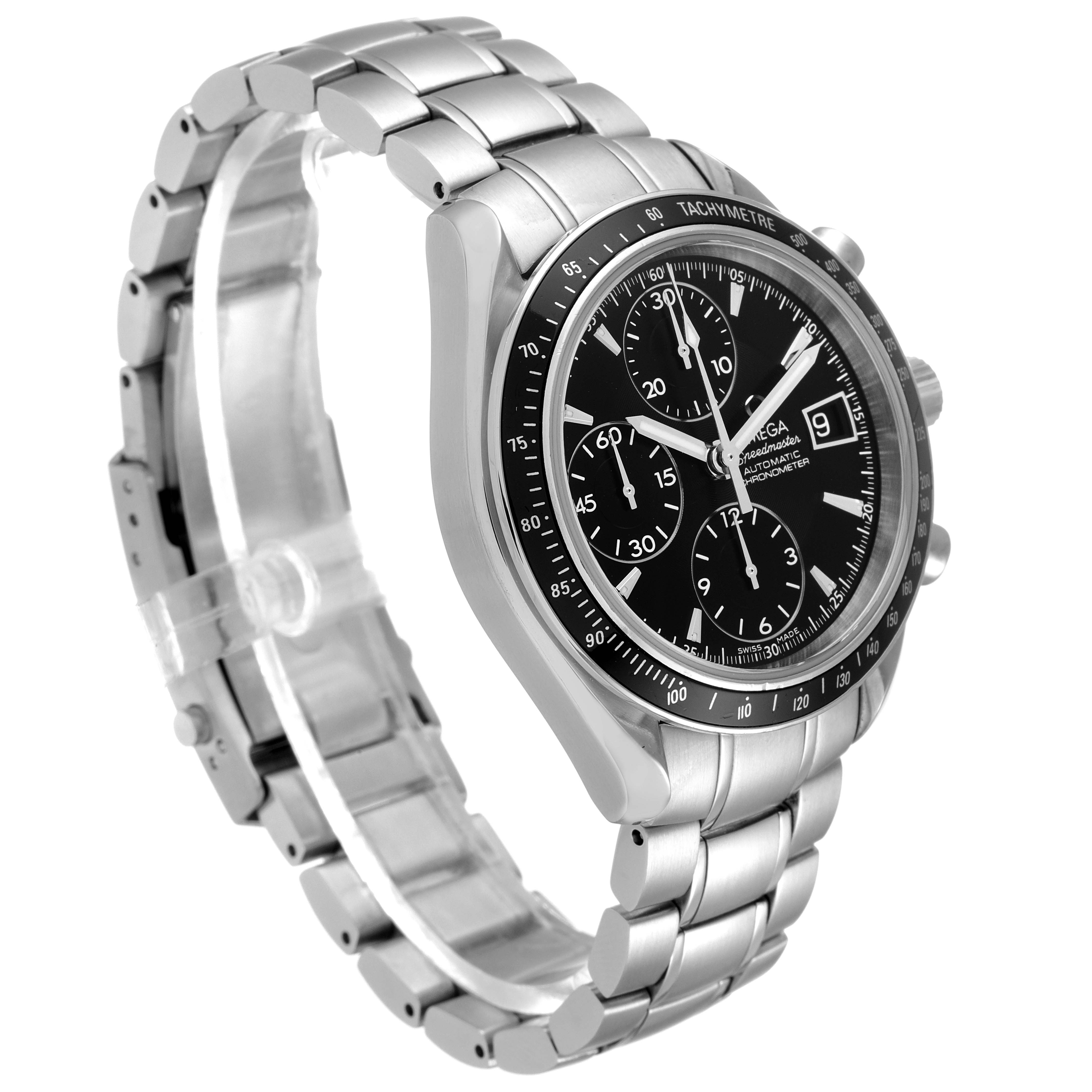 The Omega Speedmaster 3210.50.00 Men's Stainless Steel Black Dial 3210.50.00 Men's Stainless Steel Black Dial watch is shown at a three-quarter angle, highlighting its black dial, tachymeter bezel, and stainless steel bracelet.