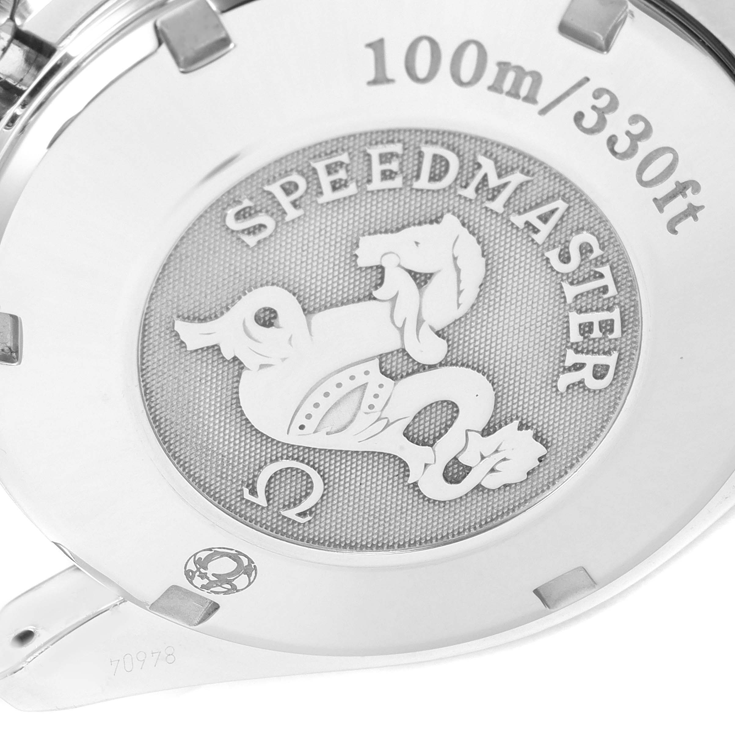 This image shows the case back of an Omega Speedmaster 3210.50.00 Men's Stainless Steel Black Dial 3210.50.00 Men's Stainless Steel Black Dial watch, highlighting the engraving and water resistance marking.