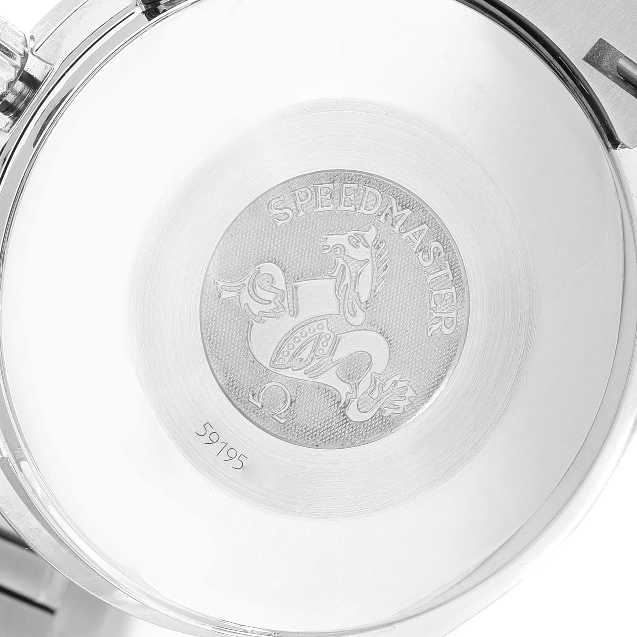 The image shows the case back of an Omega Speedmaster 3513.30.00 Men
s Stainless Steel Silver Dial 3513.30.00 Men
s Stainless Steel Silver Dial watch engraved with the Speedmaster emblem and a serial number "59195".