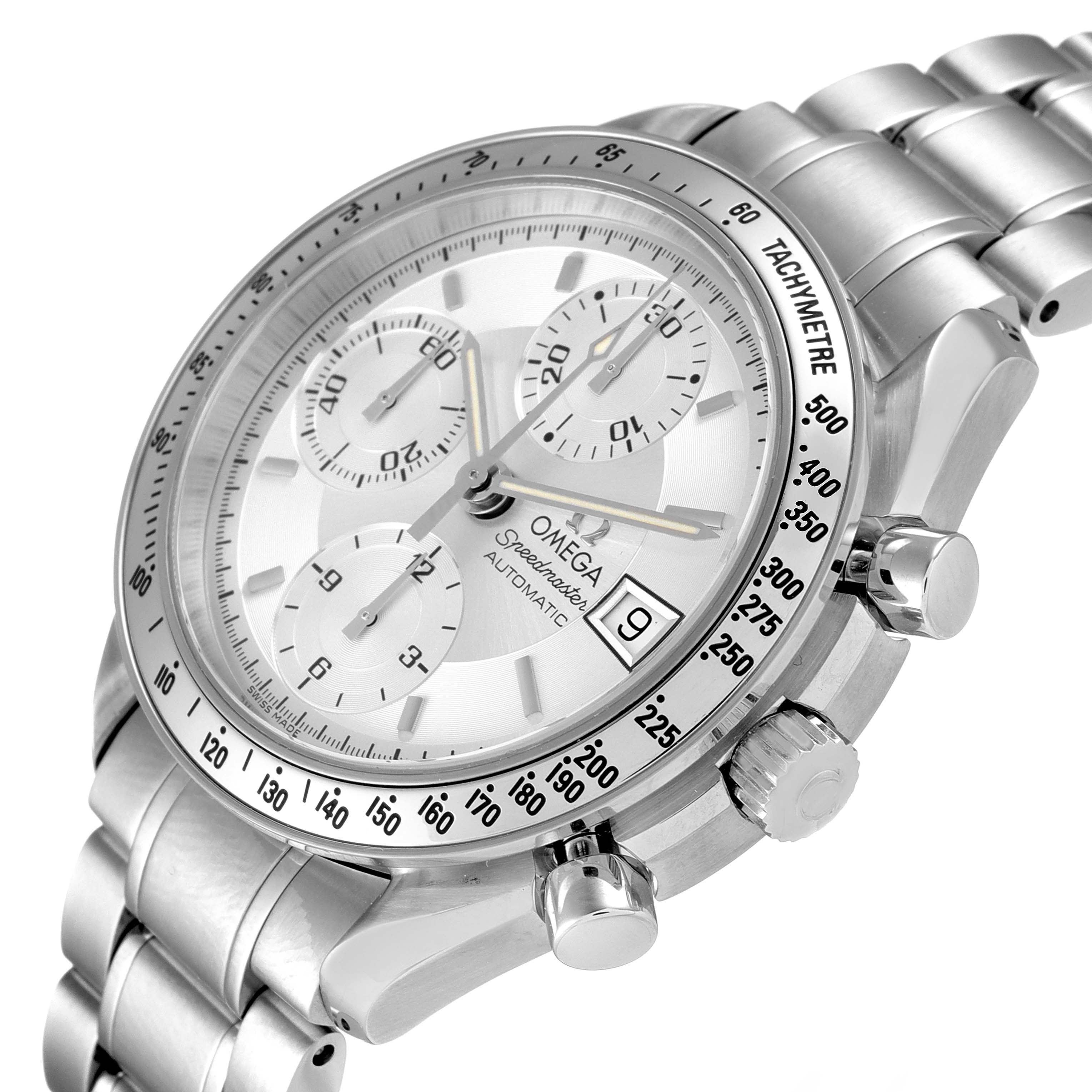 The image shows an angled view of an Omega Speedmaster 3513.30.00 Men
s Stainless Steel Silver Dial 3513.30.00 Men
s Stainless Steel Silver Dial watch displaying its dial, tachymeter bezel, and stainless steel bracelet.