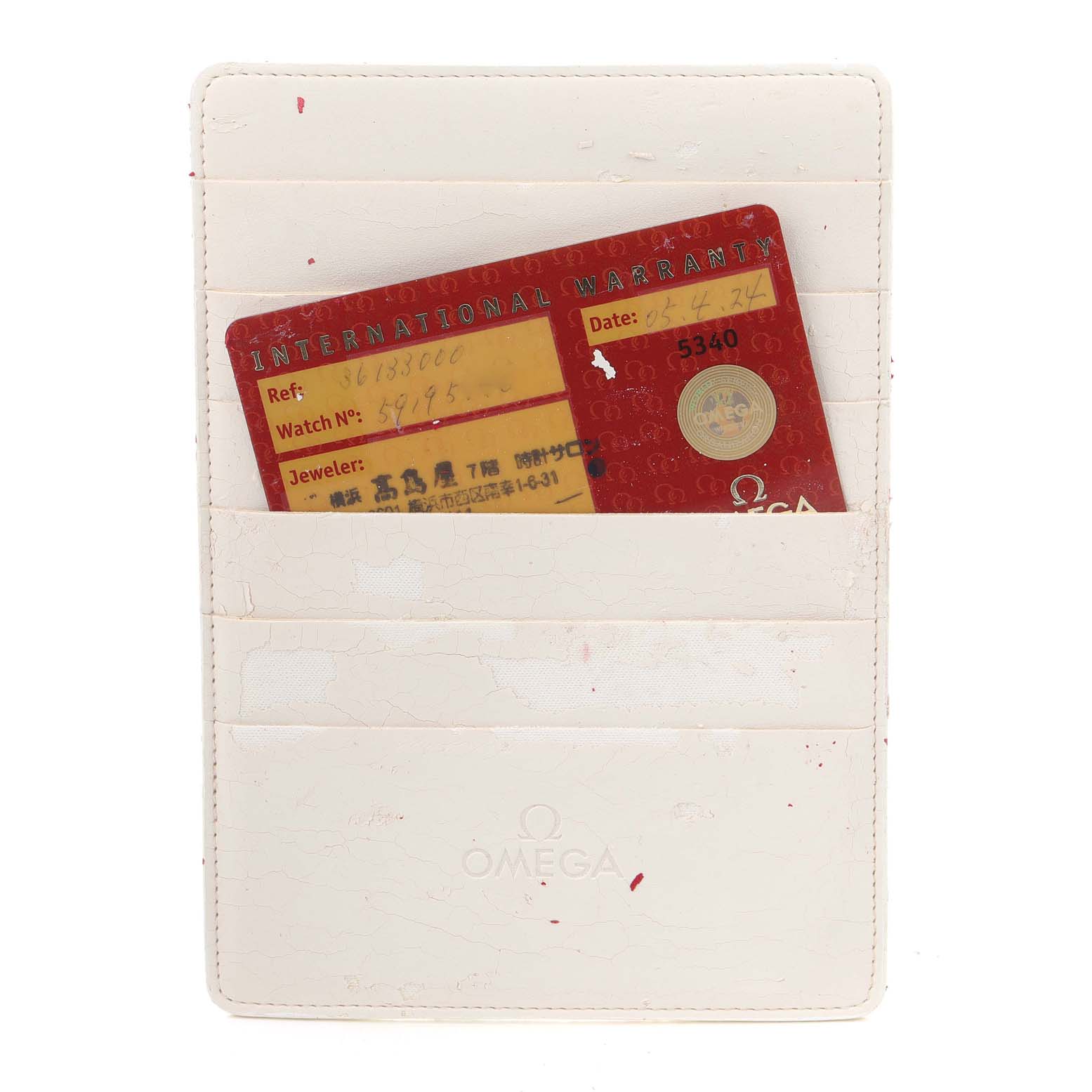 The image shows an Omega Speedmaster 3513.30.00 Men
s Stainless Steel Silver Dial 3513.30.00 Men
s Stainless Steel Silver Dial warranty card and card holder from a front-facing angle.